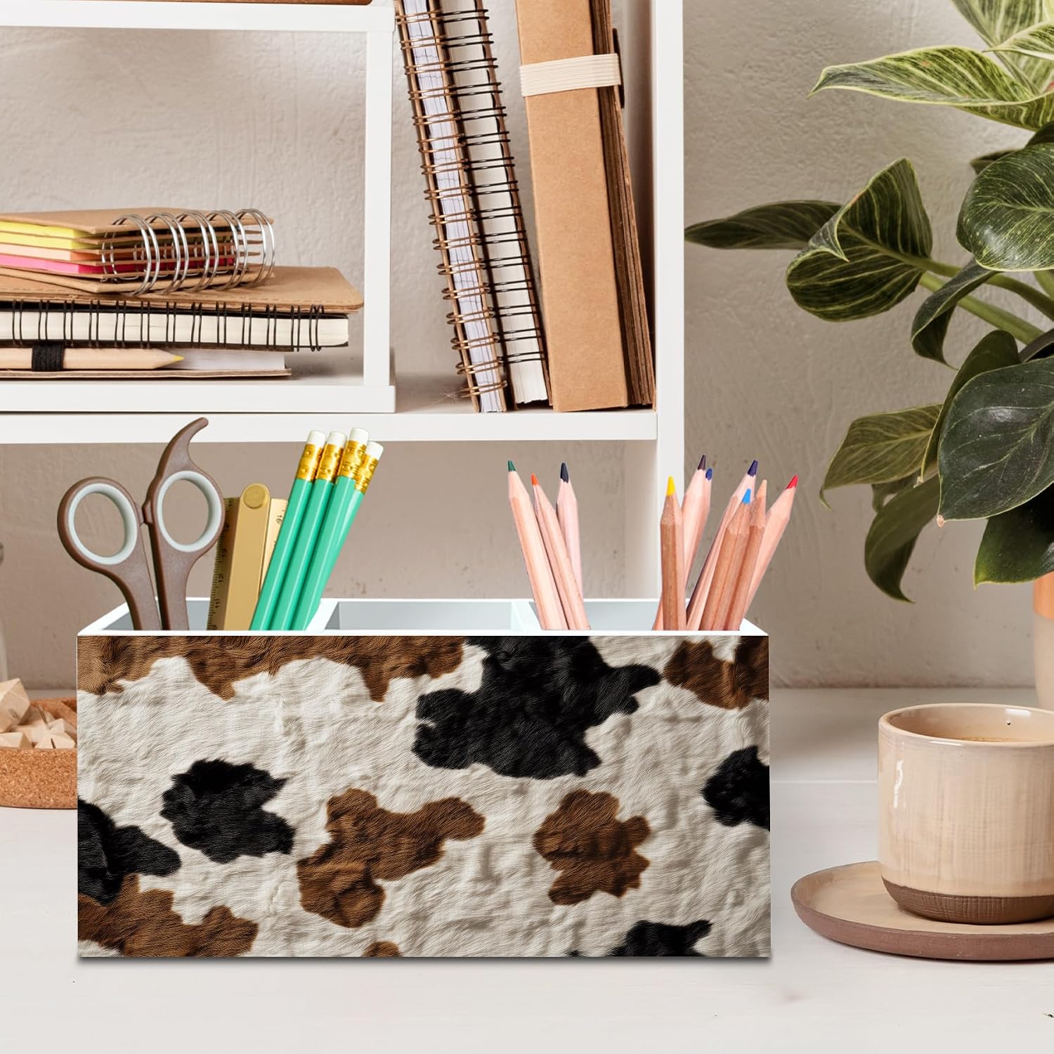 DILSJ Western Cow Print Pen Pencil Holder Organizer for Desk, Cow Lovers Gifts for Women Men, Rustic Country Western Cowhide Wooden Box Signs for Home Office Desk Tabletop Decoration image 2