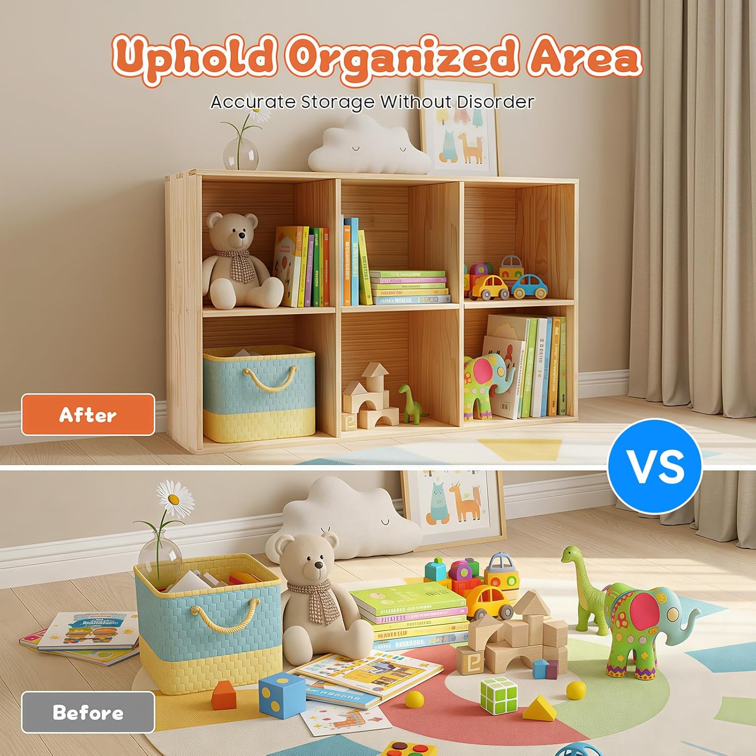 6 Cube Storage Organizer - Solid Wood Bookshelf - Cube Shelf - Vertical or Horizontal Bookcase - Open Book Shelf - Easy Assembly for Bedroom, Living Room, Office