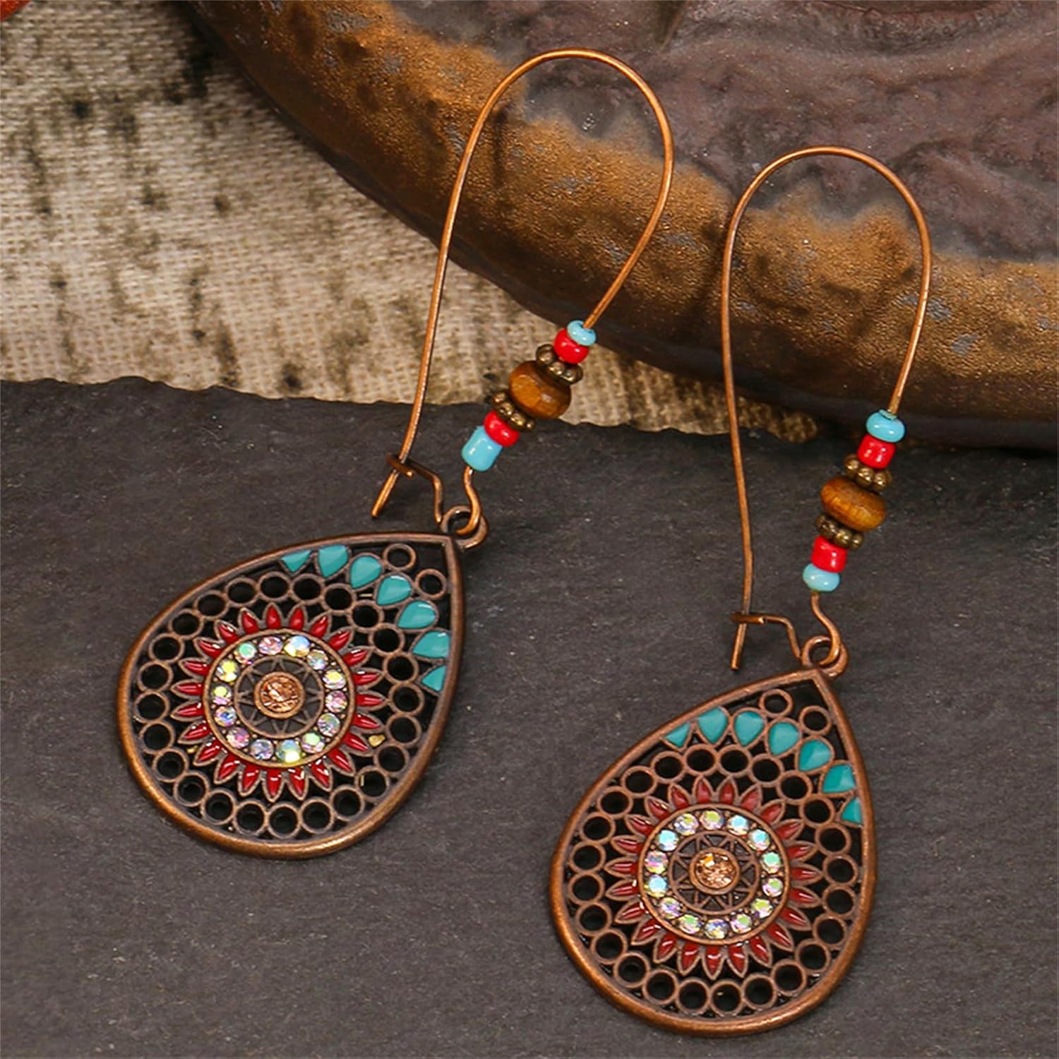 Bohemian Turquoise Earrings Ethnic Tibetan Engraved Flower Pattern Round Geometric Dangle Drop Statement Earrings for Women Handmade Trendy Boho Vintage Jewelry (Teardrop Turquoise) - Image 7