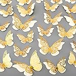 Outus 120 Pieces Gold and White 3D Layered Butterfly Wall Decor Removable Butterfly Stickers Hollow Mural Decals for Birthday Cake Decorations Crafts Bouquet Flower Arrangements