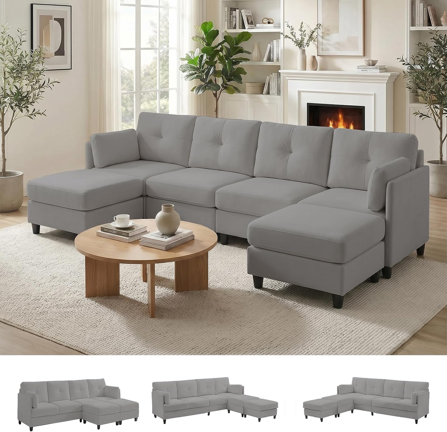 Mjkone Velvet Fabric Sectional Sofa, Living Room U Shaped Sectional Couch, 4-Seat Modern U-Shaped Sofa Couch Set with Ottomans, 220cm Couches for Living Room, Apartment, Small Space - Light Grey