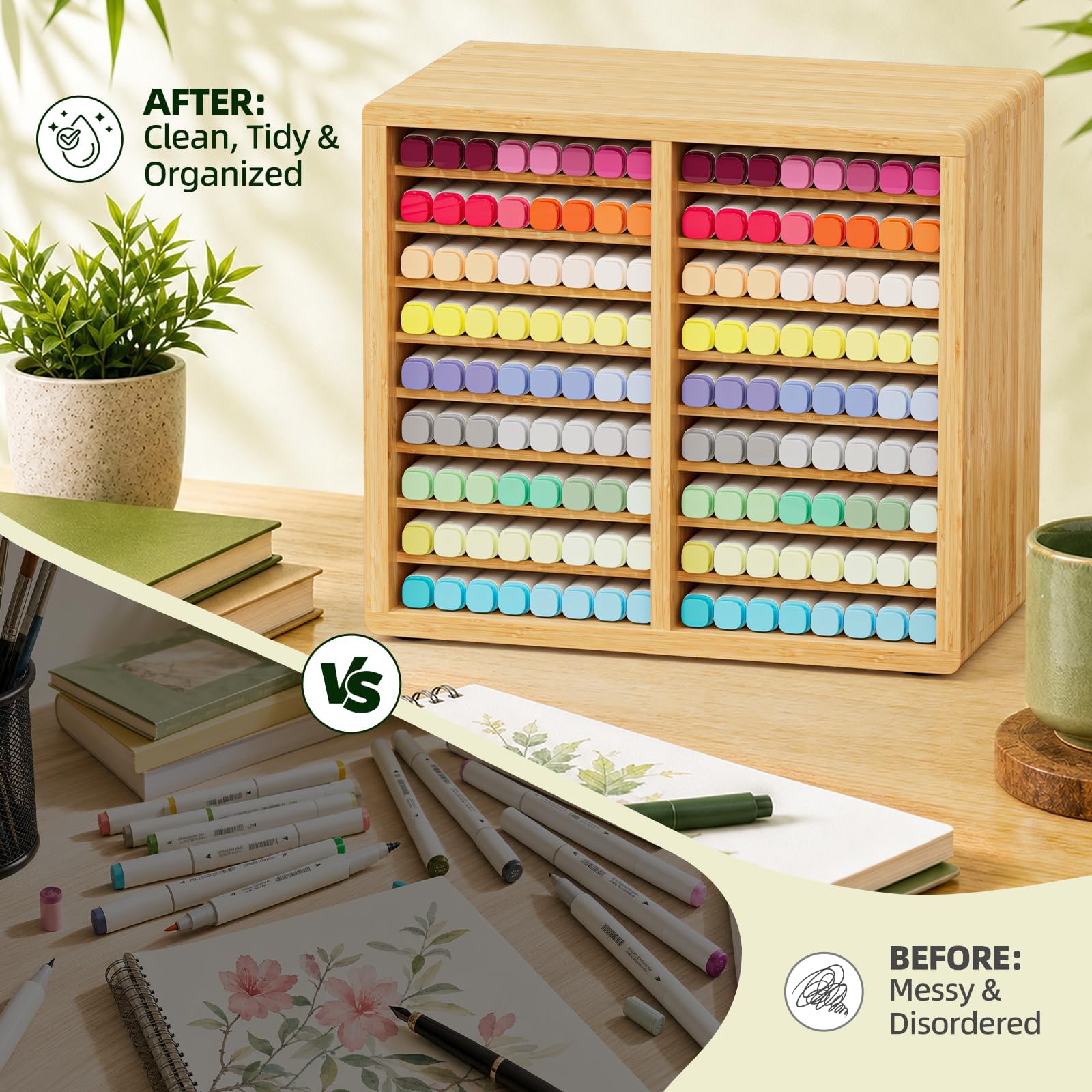 Organizer in bambù con 32 scomparti per 224 pennarelli per decorazione aula ufficio