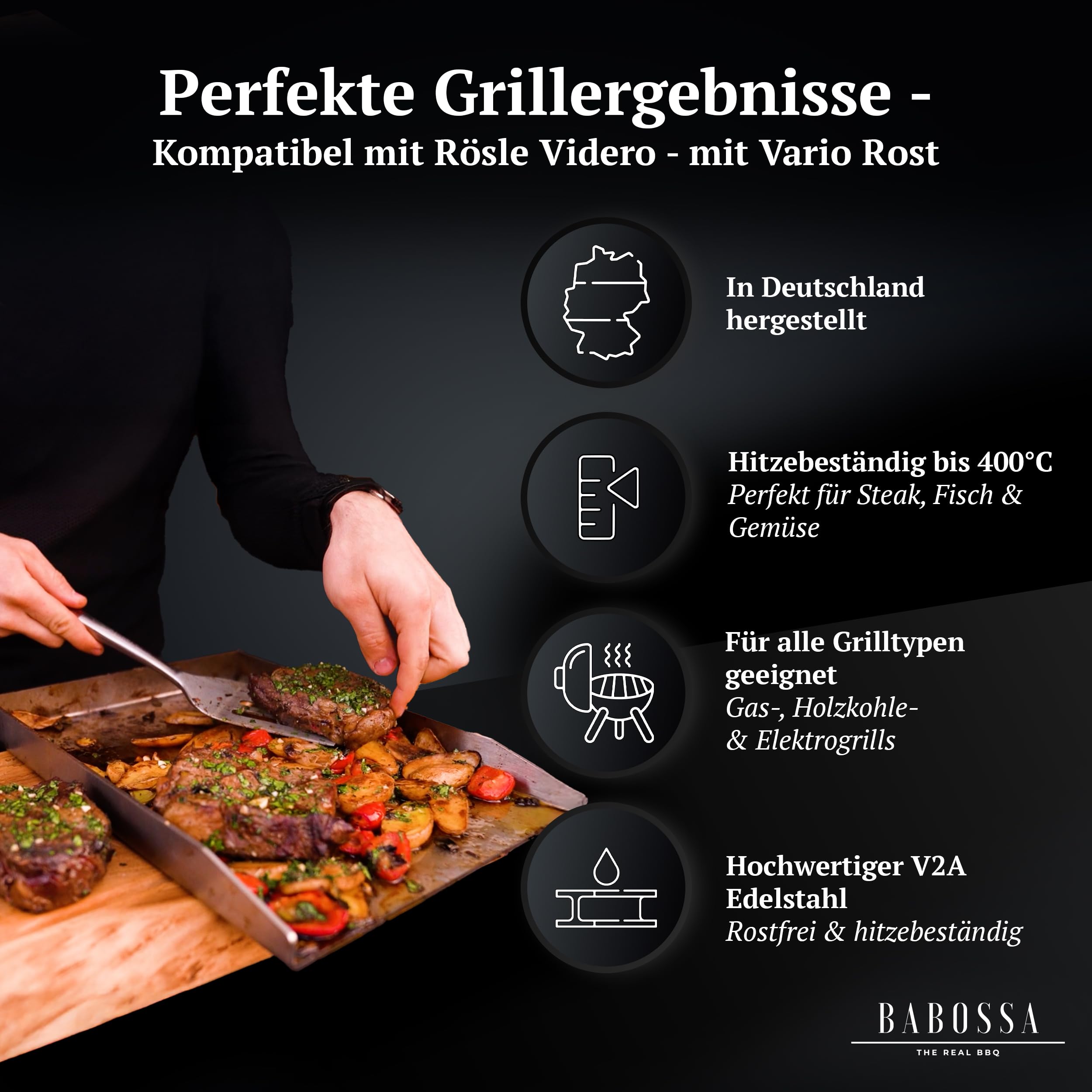 BABOSSA Grill Plancha aus V2A Edelstahl 23.5 x 44.5 cm – Erstklassige Verarbeitung & perfekte Hitzeverteilung –kompatibel mit Rösle Vario Edition – Teppanyaki Platte 100% Made in Germany