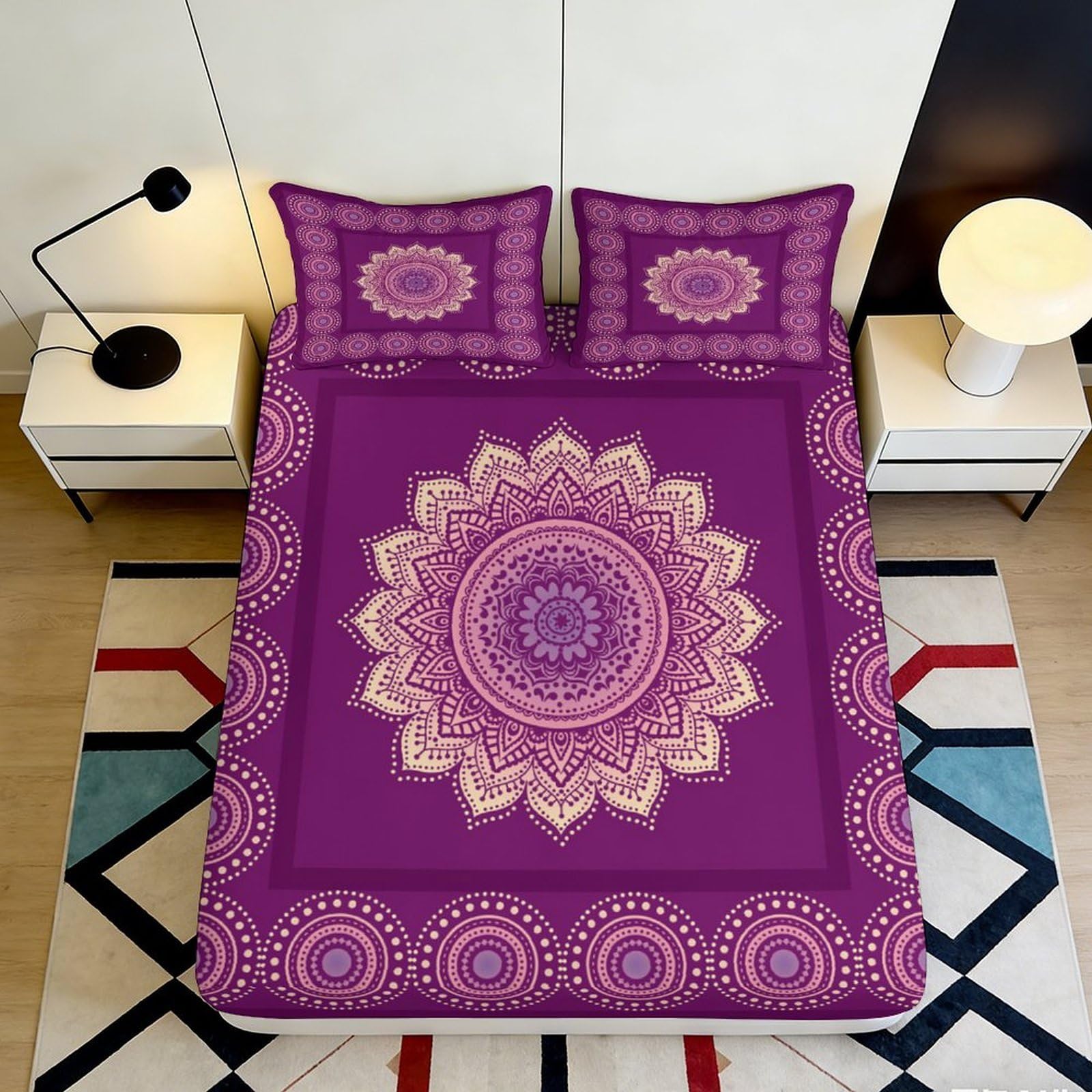 3D Printed Mandala Fitted Sheet Microfiber Deep Pocket Bedding Mandala Mattress Fitted Cover Non-Slip Elastic Hem 200x200x25cm