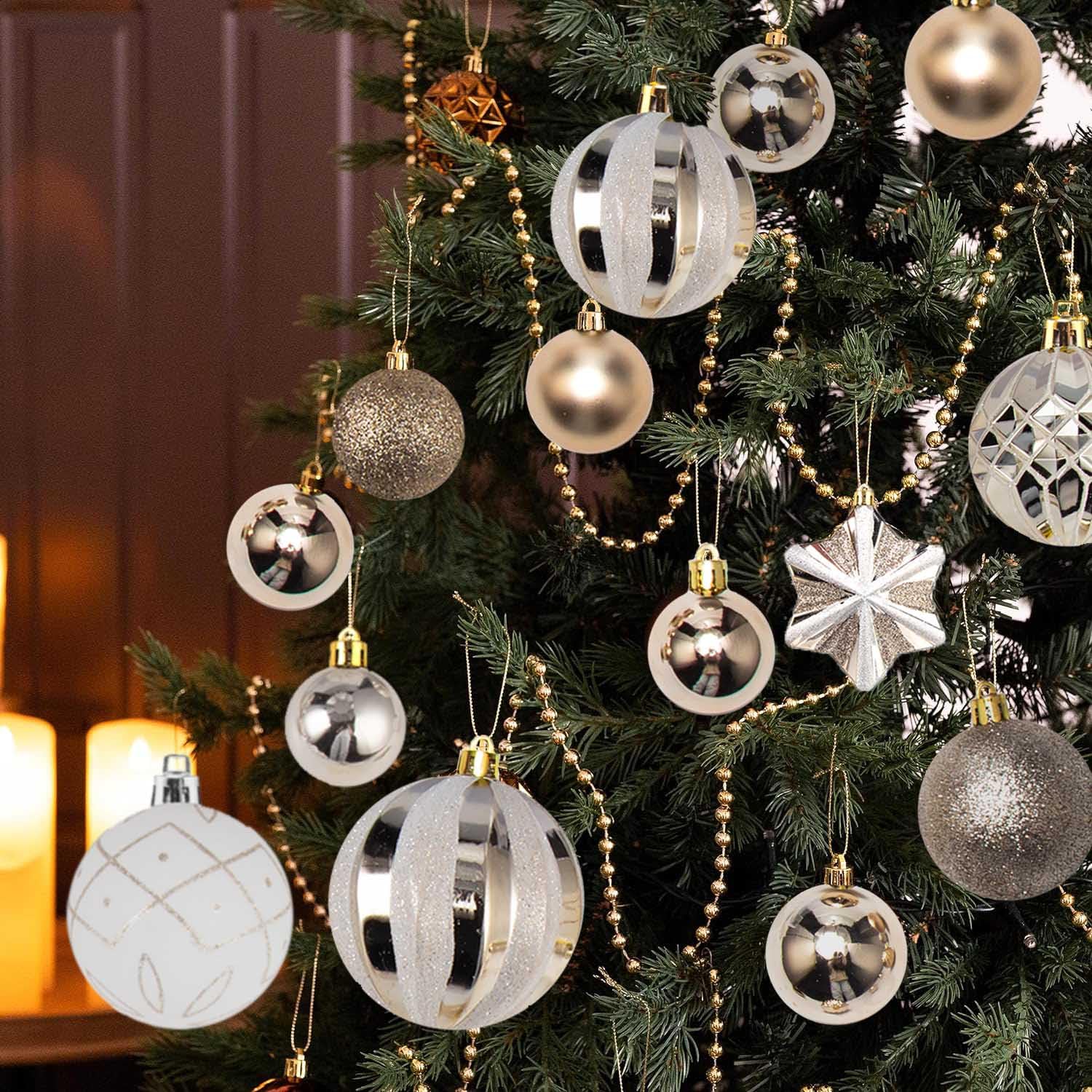 SVNVIOZ 70 Stück Weihnachtskugeln Set Champagner Weiß, Christbaumkugeln Kunststoff Deko Weihnachten, Weihnachtsbaumschmuck mit Aufhänger, Weihnachtsbaumkugeln für Weihnachtsdeko Innen Aussen