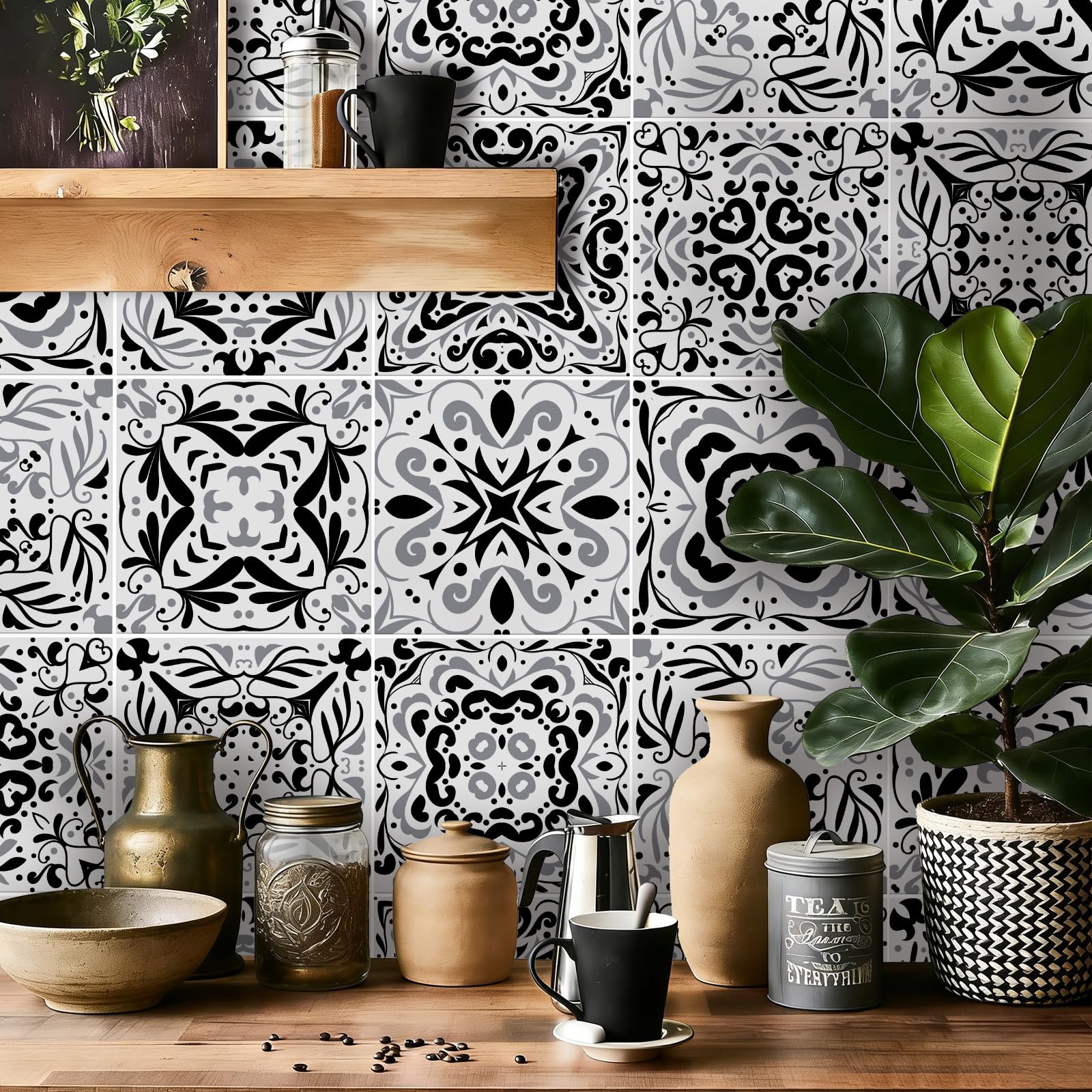 TOARTi Grey Moroccan Tile Stickers,15cm(6") 18 pcs Kitchen Bathroom Wall Tile Stickers Peel and Stick on Tile Transfers Covers Decals Self Adhesive Vinyl Waterproof White Black Mosaic Art