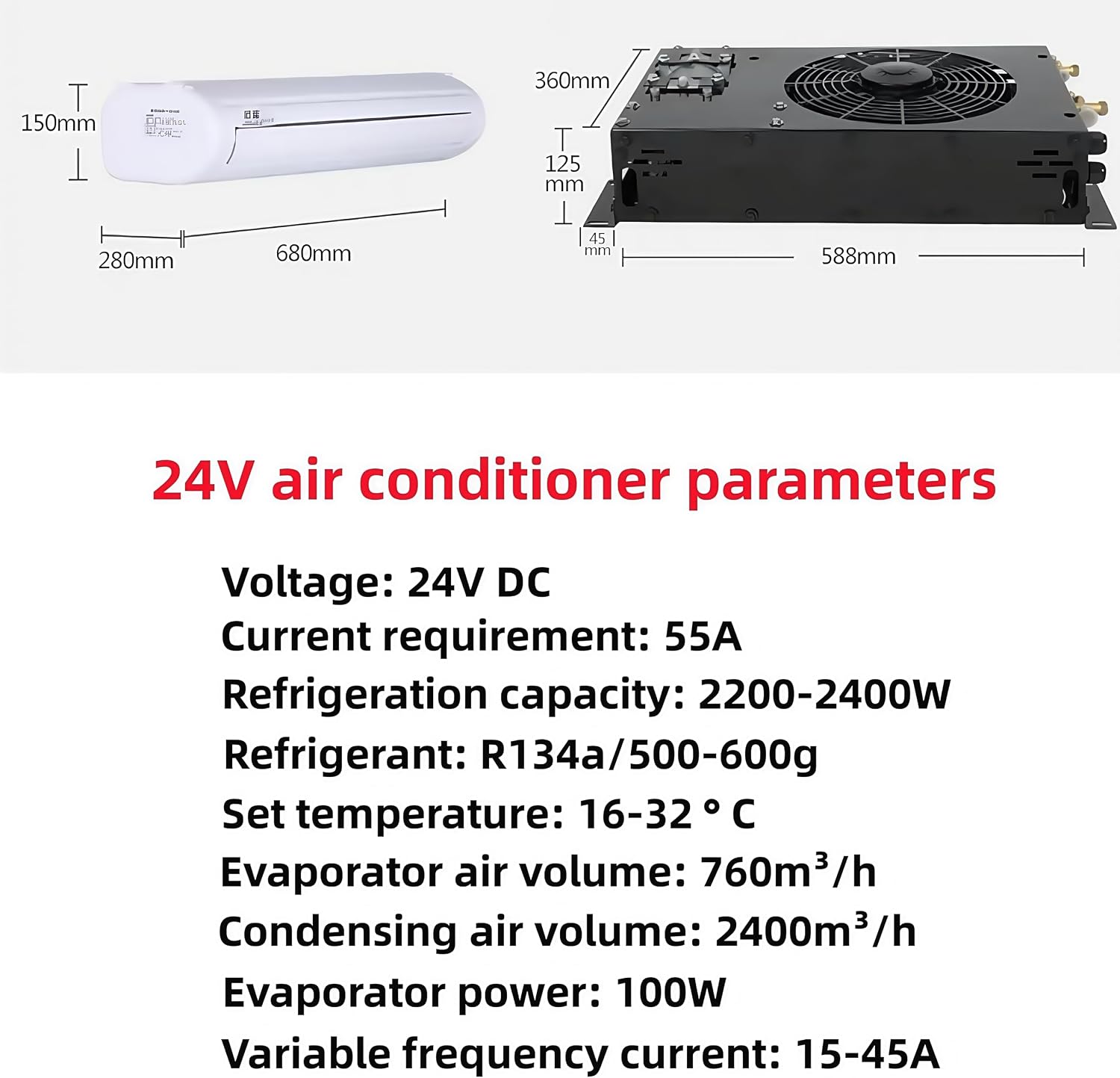 Universal 24V Air Conditioner Hidden Underbody RV Air Conditioner/DC silent air conditioner, suitable for trailers, campers, trucks, vans, RVs, construction vehicles, vans, etc (Model: 680, 24V)