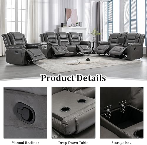 Miniatura 4 de Juego de muebles de sala de estar, 3 piezas, juegos de sofás reclinables seccionales de cuero, asientos de cine en casa, sofá reclinable manual con