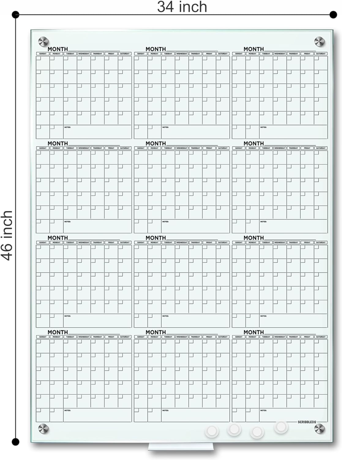 Magnetic 34"x46" Glass Whiteboard Yearly Calendar Planner White Board Dry Erase Board for Wall Monthly Glass Calendar Whiteboard Home Office Large Wall Planner