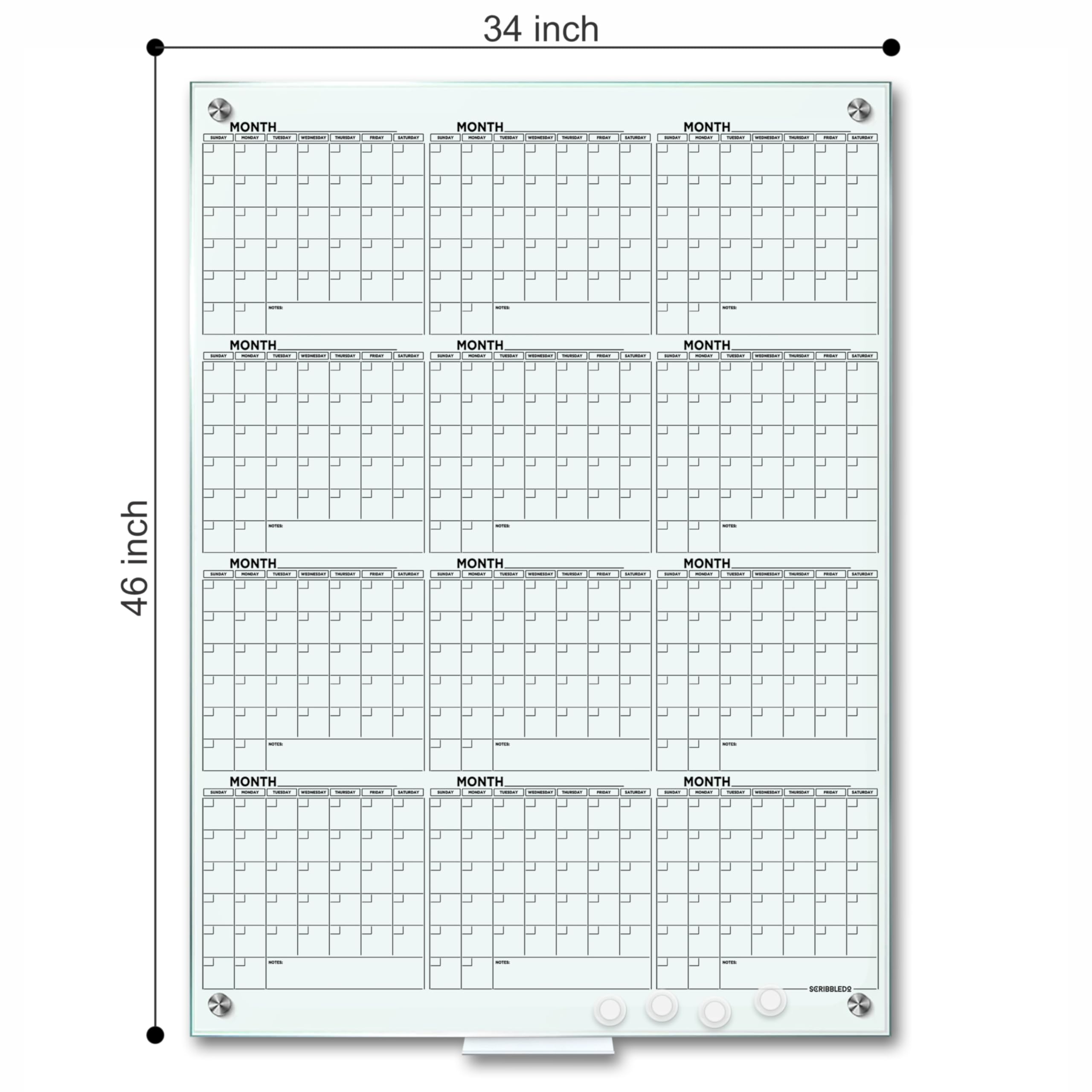 Tableau magnétique annuel en verre effaçable à sec vertical 86 x 117 cm calendrier