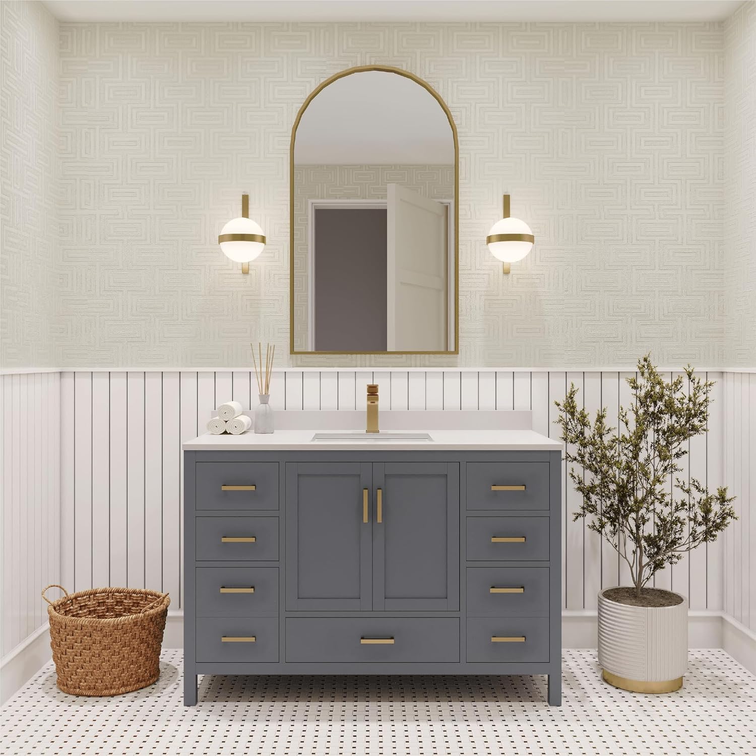 Ayna Decors Rooh 60 in White Double Sink Bathroom Vanity Set with White Quartz Countertop | 4 Soft Closing Doors | 5 Full Extention Soft Close Drawers | Gold Hardware