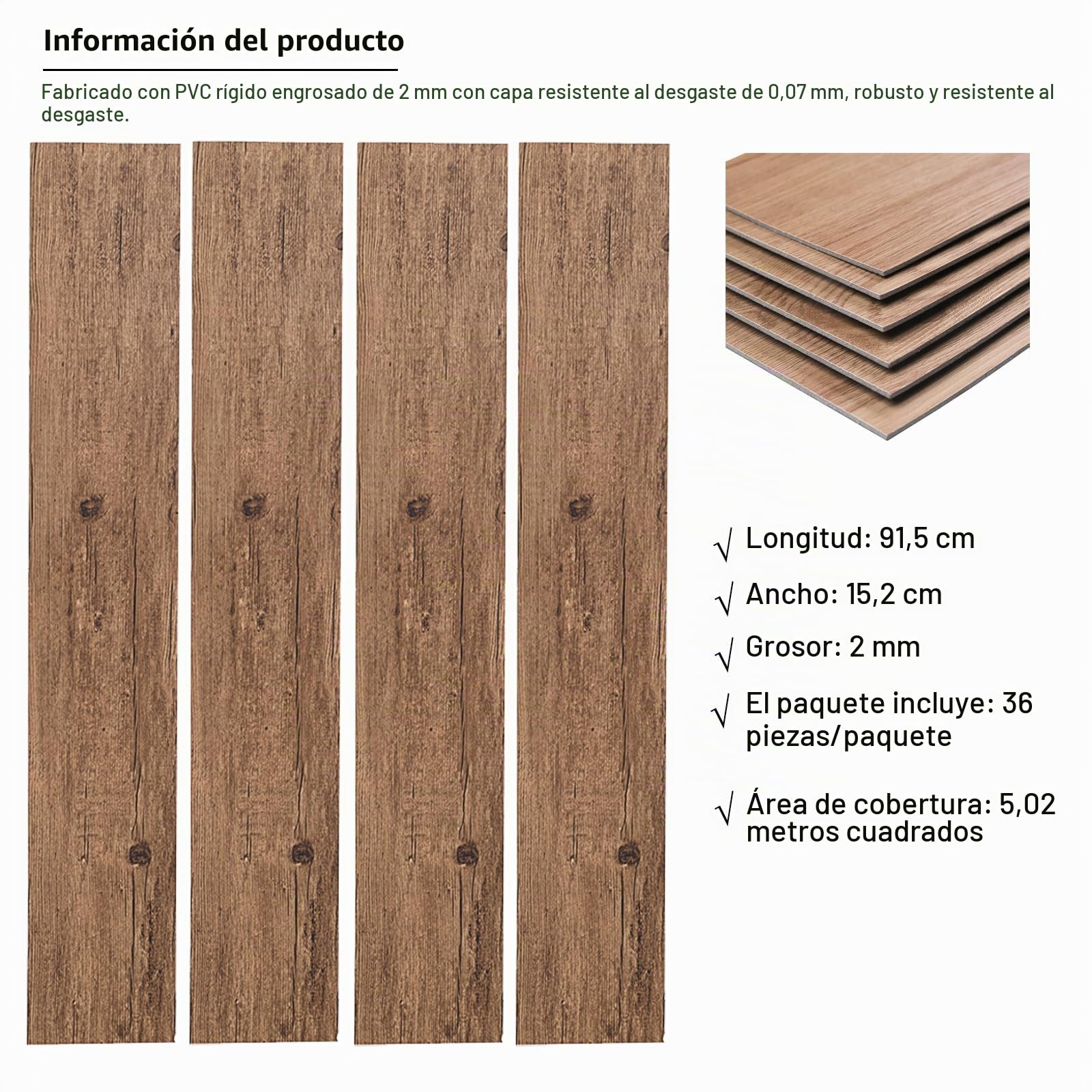 INMOZATA 5,02 m²/36 baldosas de PVC autoadhesivo, suelo de vinilo autoadhesivo, laminado de PVC, 91,5 x 15,2 cm, grosor 2 mm, antideslizante, resistente al agua, se puede cortar(marrón)