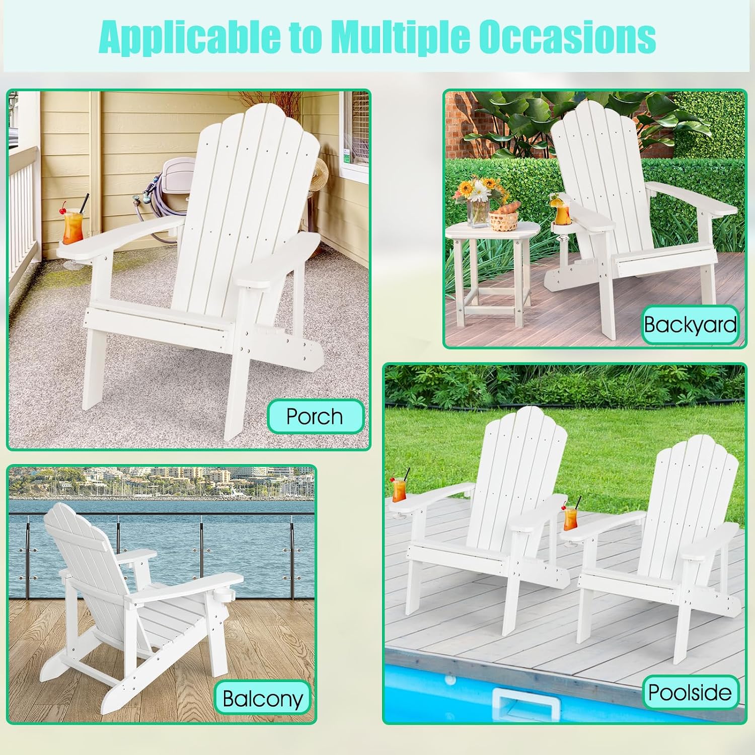 ORALNER Outdoor Adirondack Chair with Cup Holder, Plastic Resin Outdoor Deck Chair, 380 LBS Capacity, for Patio, Backyard, Porch, Balcony, Poolside, Garden, Lawn, Firepit (2, White)