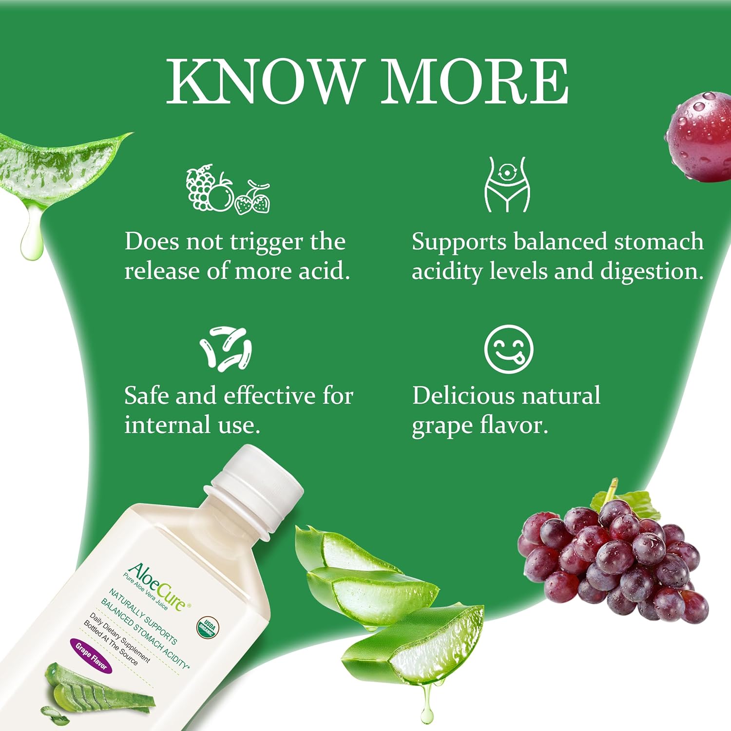 AloeCure USDA Organic Aloe Vera Juice Grape Flavor, Made Within 12 Hours of Harvest - Pure Aloe Vera Digestive & Immune Health Supplement, Helps Maintain Balanced Stomach Acidity, 16.7oz x 4 Btls