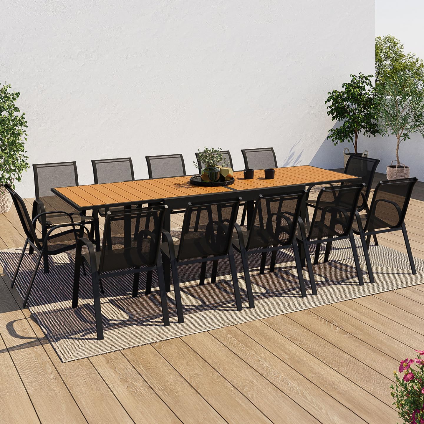 IDMarket - Salon de Jardin Poly Extensible Table 135/270 cm et 12 chaises Bois et Noir