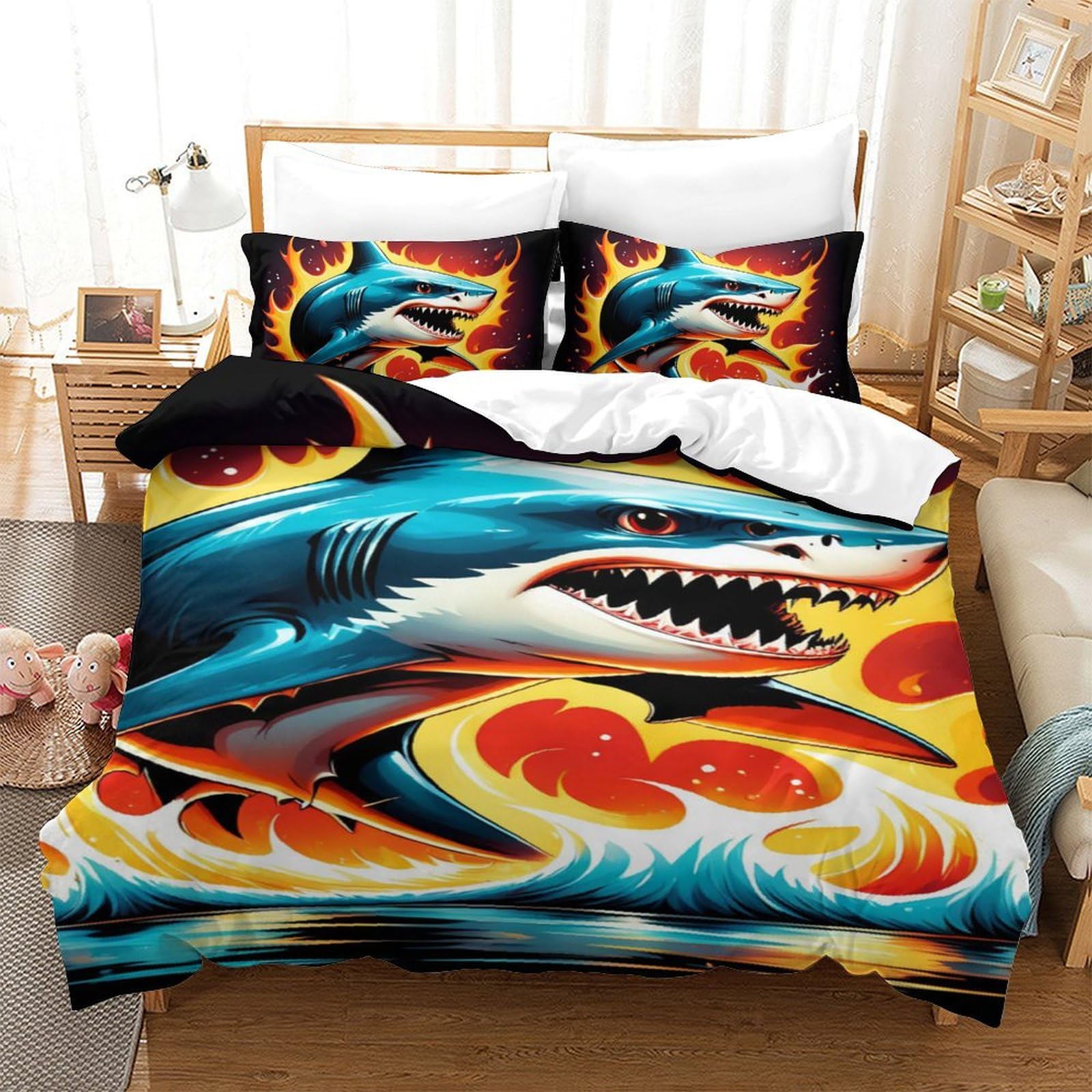Housse de couette requin 140x200cm en microfibre avec ses deux taies d'oreiller