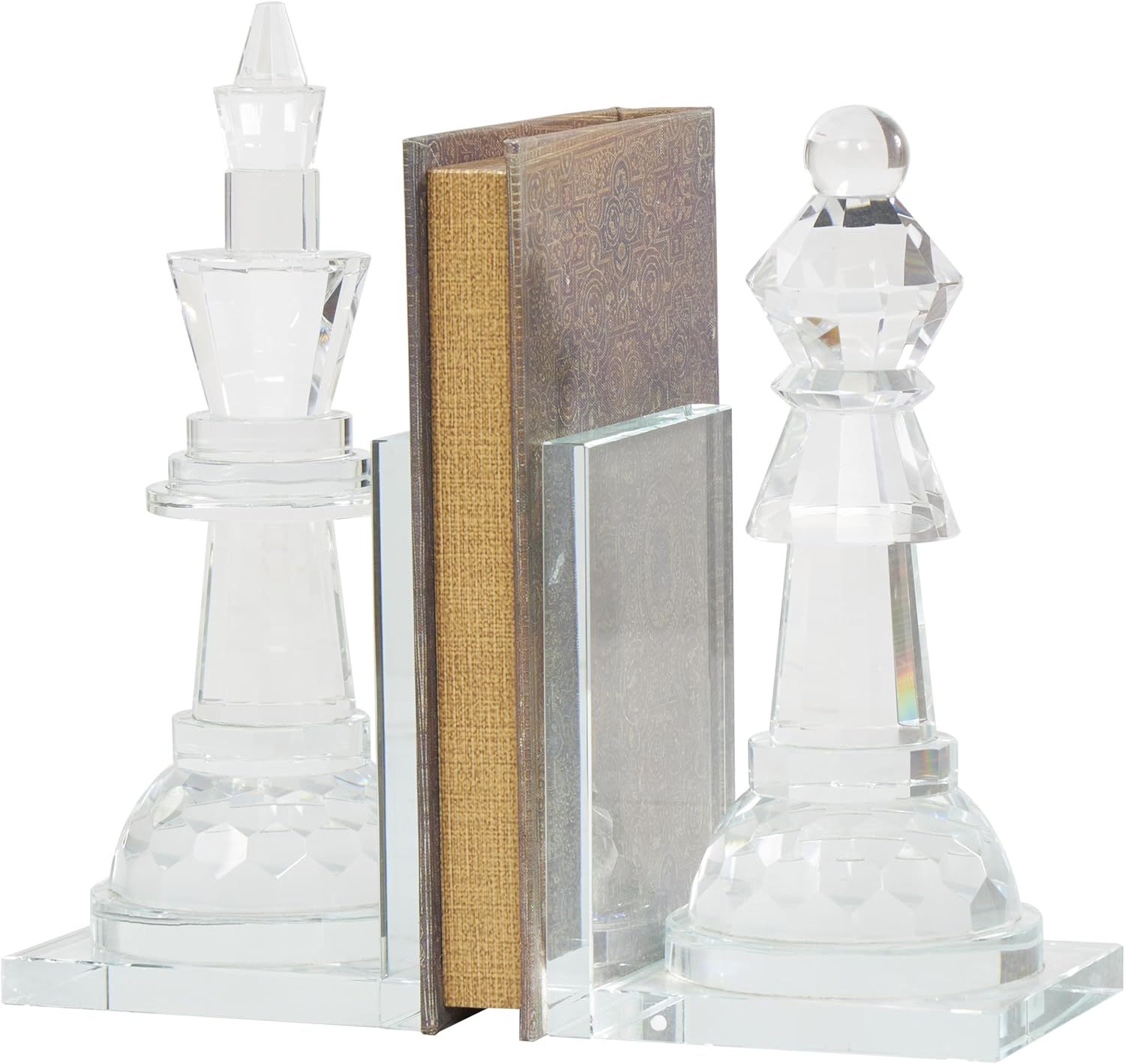 Deco 79 Crystal Chess Decorative Bookends Oversized Non Skid Bookends with Cut Crystal Designs, Set of 2 Office Bookends4 W, 10" H, Clear