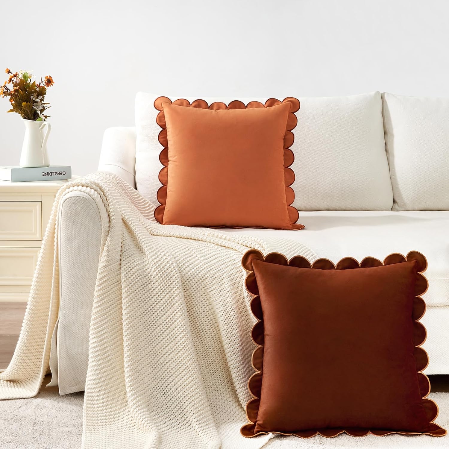 MONDAY MOOSE Decorative Throw Pillow Covers Cushion Cases, Set of 2 Soft Velvet Scalloped Round Edge Designs, Mix and Match for Home Decor, Pillow Inserts Not Included (16x16 inch, Rust/Coral)