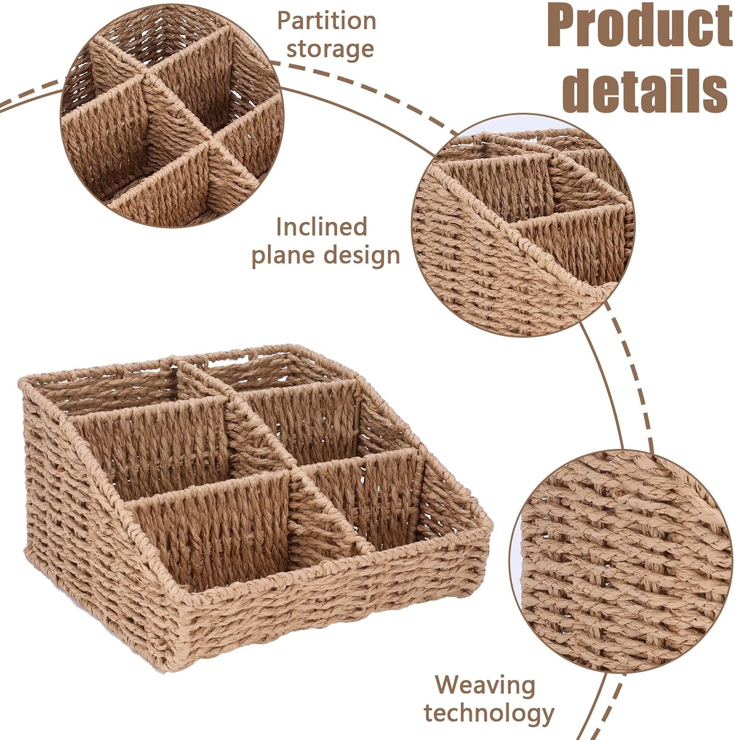 Makeup Organizer, Hand-woven Wicker Basket for Dresser Vanity and Bathroom Countertop, 6 Compartment Skincare Organizer Cosmetic Display Case, Beauty Holder for Lipstick Brush Eyeshadow Palette