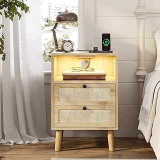 AOGLLATI Rattan Nightstand with Charging Station, LED Night Stand for Bedroom, Wood End Table with USB Ports, Boho Bedside Table with 2 Drawers, Natural