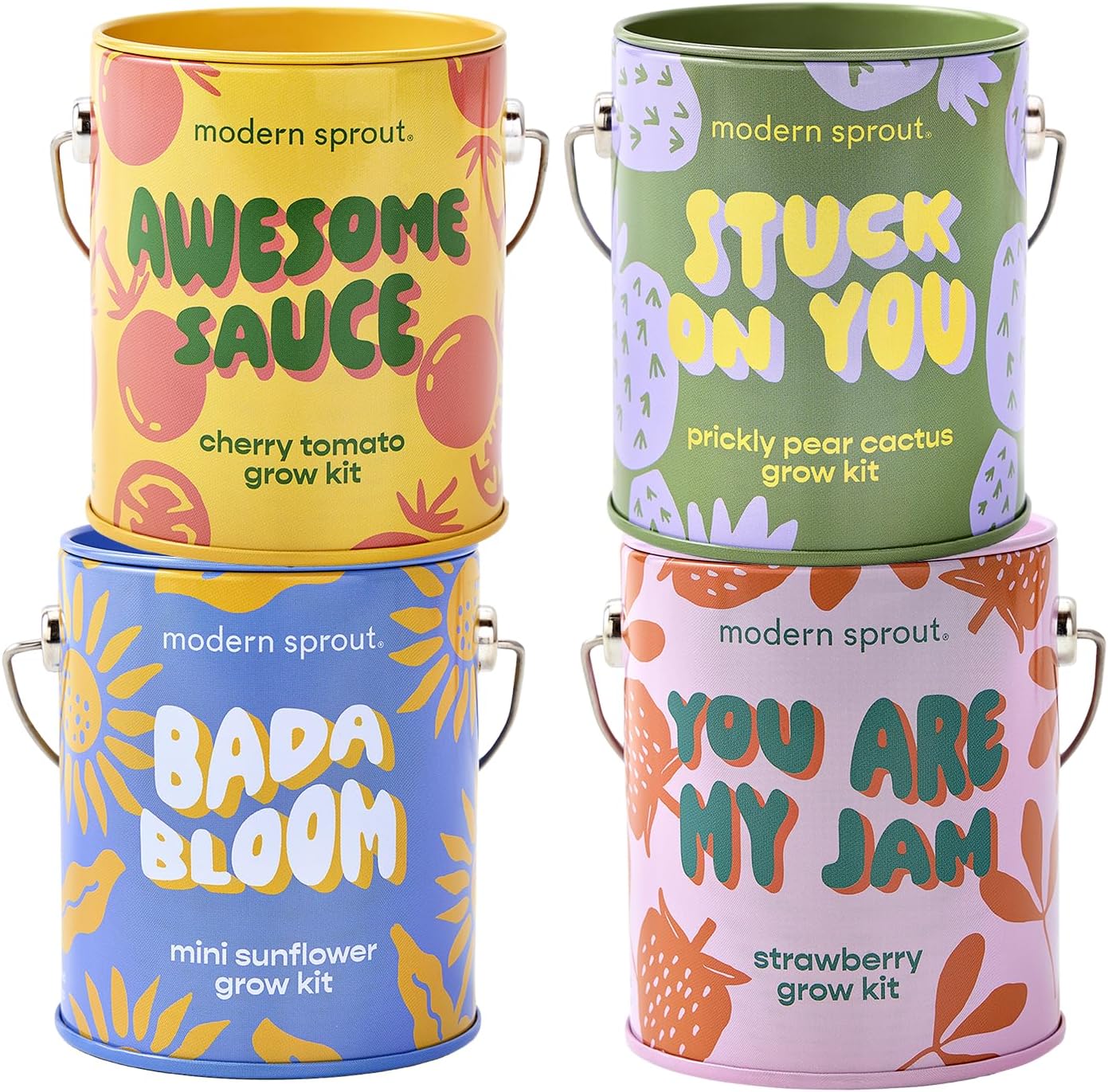 Modern Sprout Complimentary Color Grow Kits (Pack of 4) - Seed Starter Kit - Includes Organic Strawberry Tomato Sunflower & Cactus Seeds - Easter Basket Essentials - Gardening Gifts that Grows w/Love