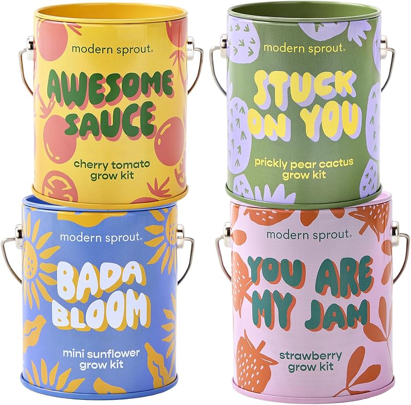 Kits de cultivo de colores de cortesía Modern Sprout - Kit de inicio de semillas, paquete de 4 | Incluye semillas orgánicas de fresa, tomate, girasol y cactus - Regalo para amantes de las plantas - Regalos de jardinería que crecen con amor