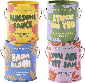 Modern Sprout Complimentary Color Grow Kits Pack of 4 - Gift for Plant Lovers - Seed Starter Kit - Includes Organic Strawberry Tomato Sunflower & Cactus Seeds - Gardening Gifts that Grows with Love