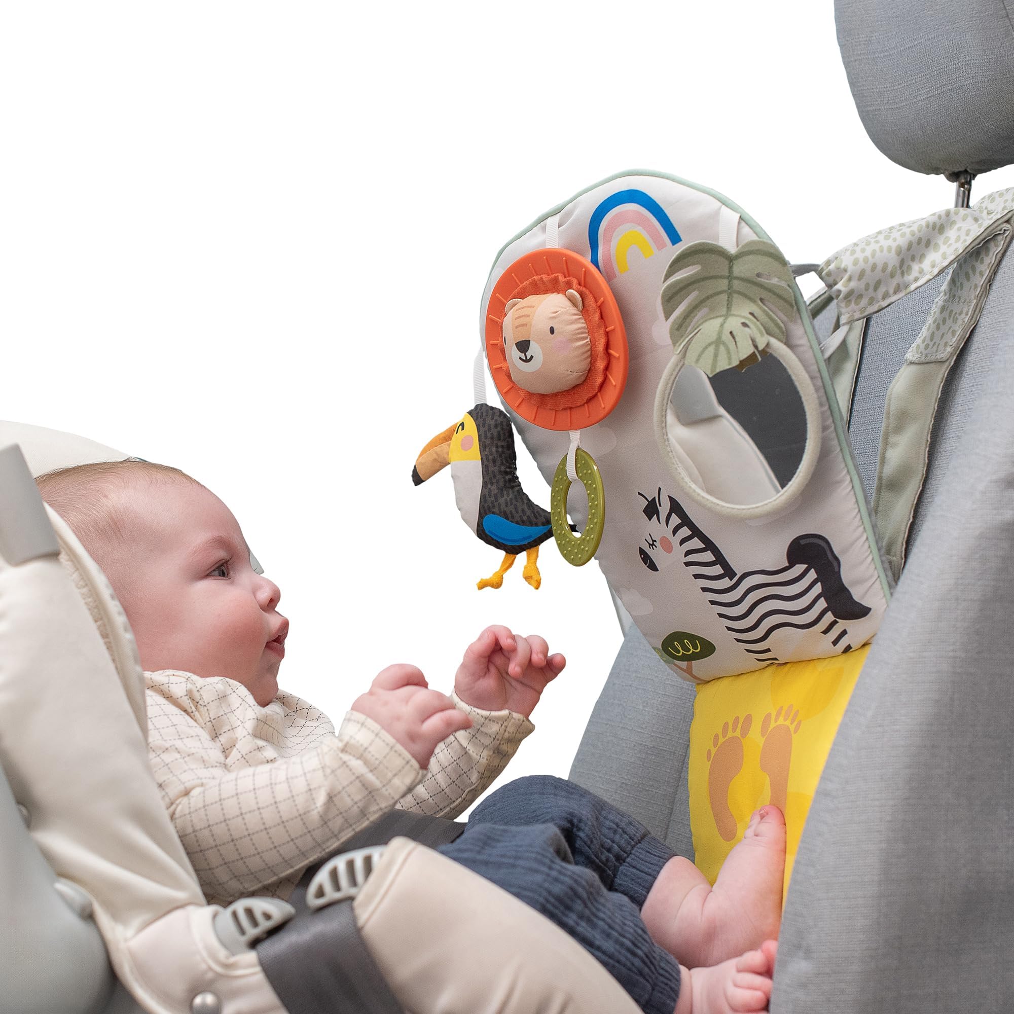 Savannah Play and Kick Car Toy with Sensory Toys. Rear Facing Baby Car Travel Activity Centre. Baby-safe Mirror, Hanging Rattling Toy and Lion Teether. Suitable for Boys & Girls from Birth