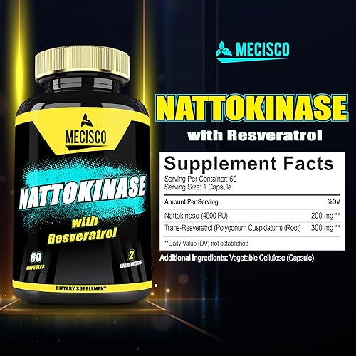 Miniatura 2 de Mecisco Suplemento de nattoquinasa 4000 FU 200 mg con trans-resveratrol - 3200 mg por porción para la salud cardíaca, circulación y apoyo para el