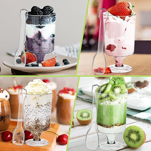 Miniatura 5 de Eupako Mini tazas de postre con cucharas de 4 onzas líquidas  Vasos de plástico transparente para parfait, taza pequeña redonda para aperitivos,