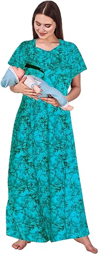 Gulabi Dor Cotton Feeding Gown for Women | Maternity Nursing Maxi with Zip Opening at Bust | Leaf Floral Printed Feeding S...