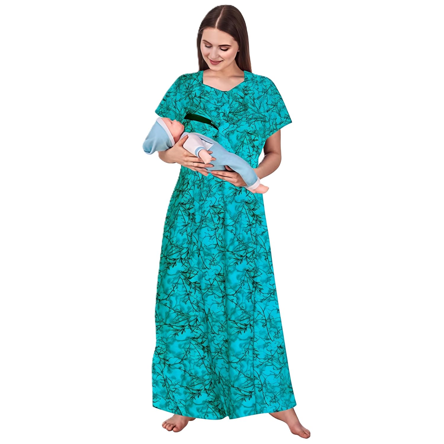 Gulabi Dor Cotton Feeding Gown for Women | Maternity Nursing Maxi with Zip Opening at Bust | Leaf Floral Printed Feeding S...