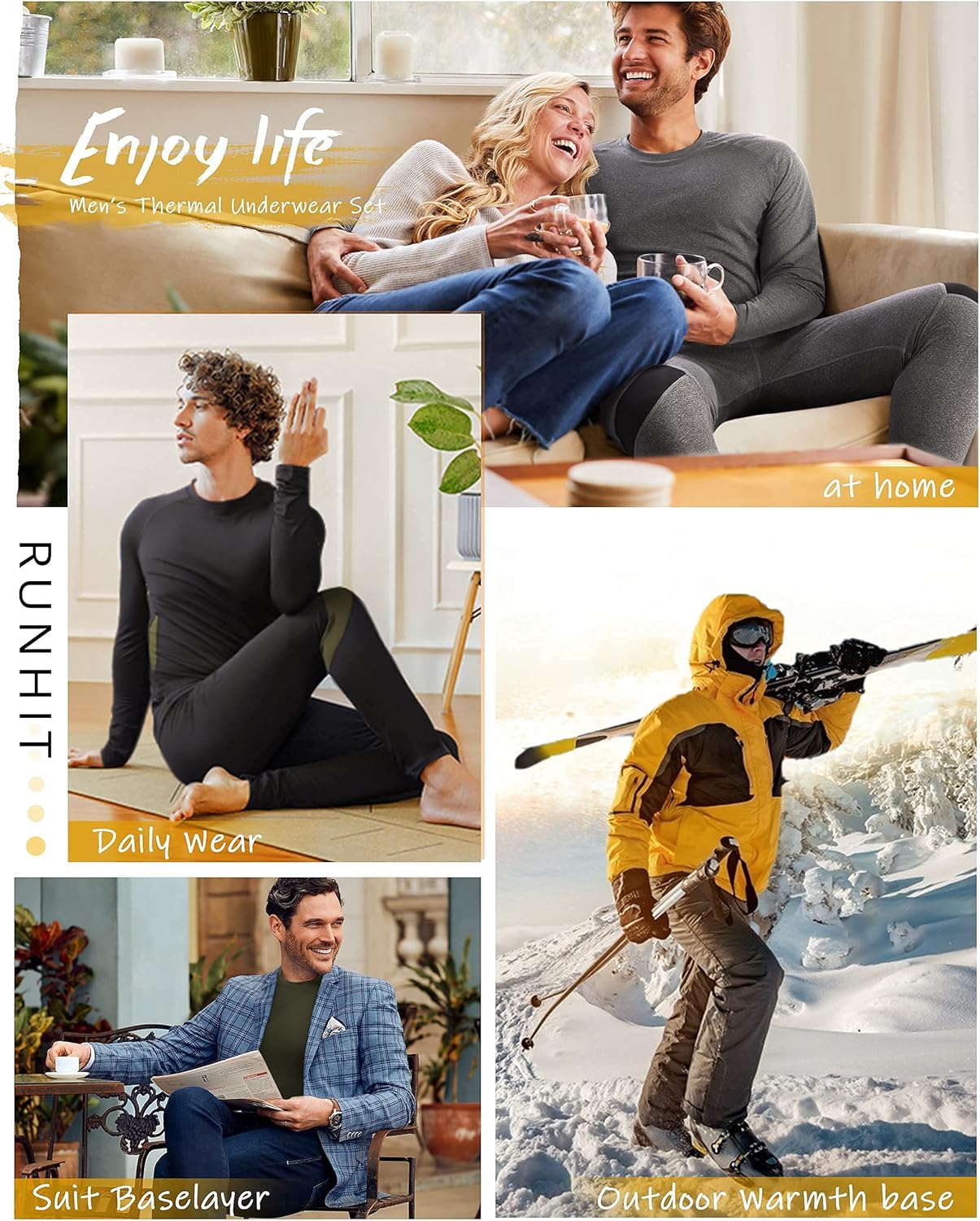 Runhit Mens Thermal Underwear Set: Fleece Lined Long Johns Base Layer Long Sleeve Thermal Shirts Pants Cold Weather at  Men’s Clothing store