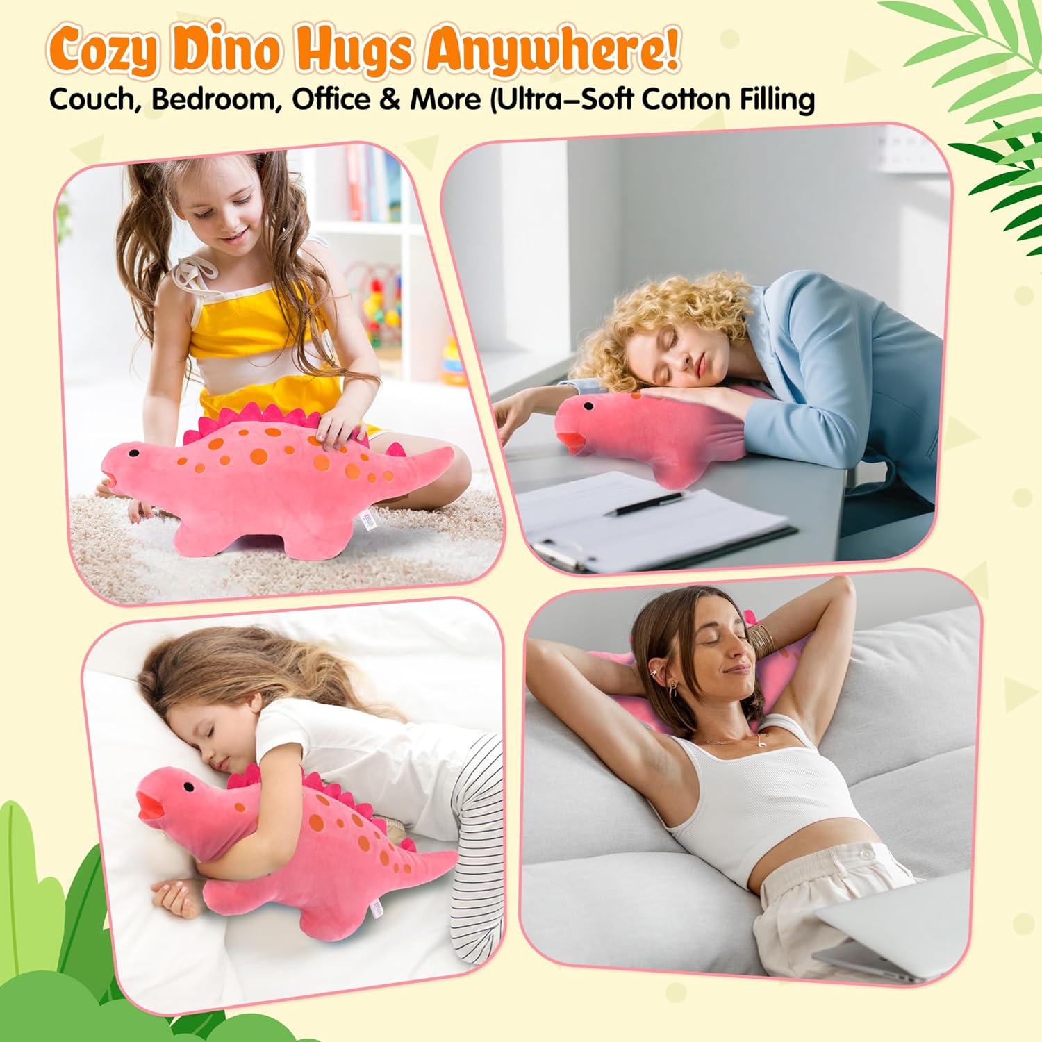 BB FUN HOUSE Dinosaur Pillow Plush, Stuffed Animal Birthday Gift Dino Decorative Throw Pillow for Kids Teens Adult Room Decor Soft Plushie Toy, Pink