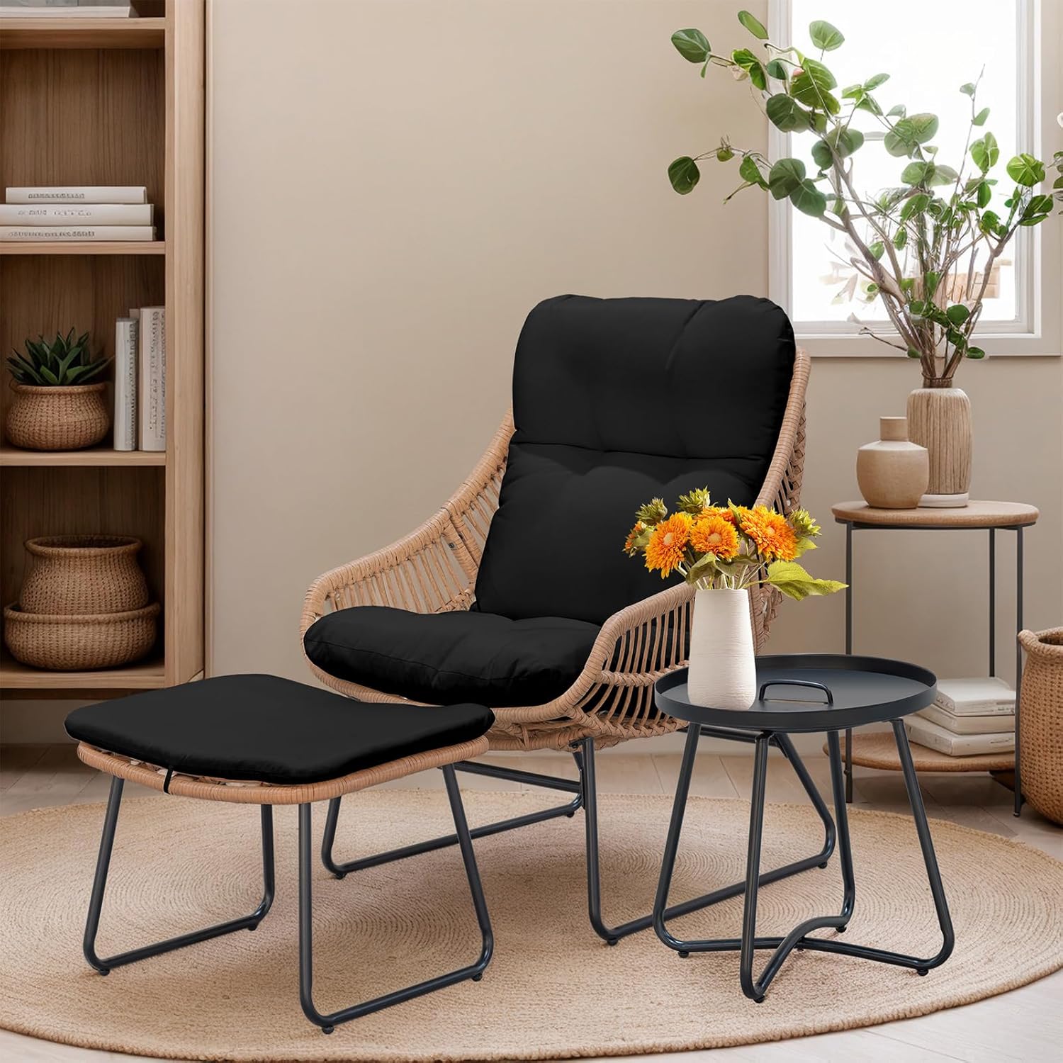 PROHIKER Outdoor Chaise Lounge Chair Set, Indoor Wicker Papasan Egg Chair with Thick Cushion, Ottoman and Table, Oversized Rattan Reading Lounge Recliner for Living Room Patio Yard, Black