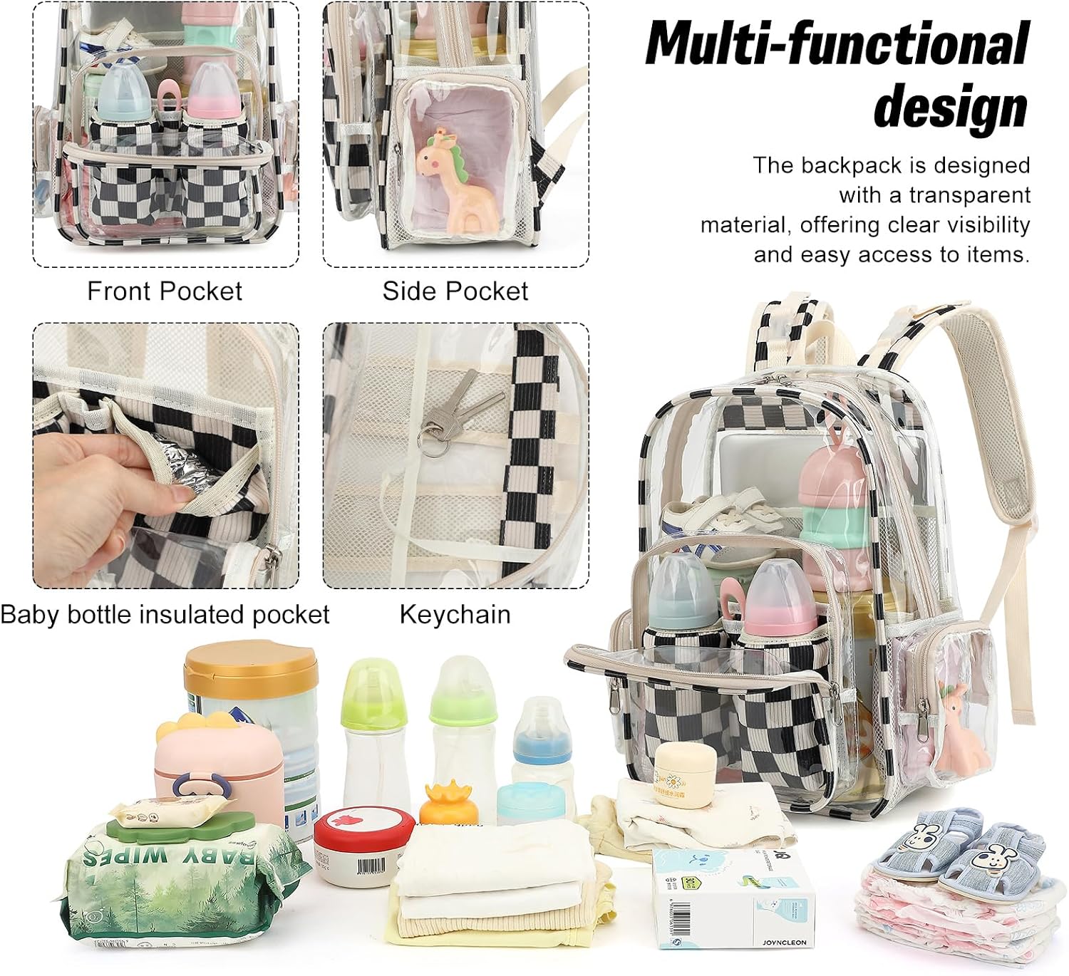 Clear Baby Diaper Bag Backpack for Mom, Large Capacity Travel Nappy Bag for Boys & Girls with Stroller Straps (Corduroy Checkered Black)