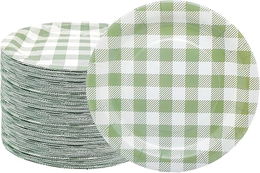 50Pcs Gingham Party Supplies 7" SageGreen Plaid Paper Plates Sage Checkered Plate Disposable Green and White Plaid Plates for Baby Shower Wedding Picnic BBQ Birthday Party Decor Sage