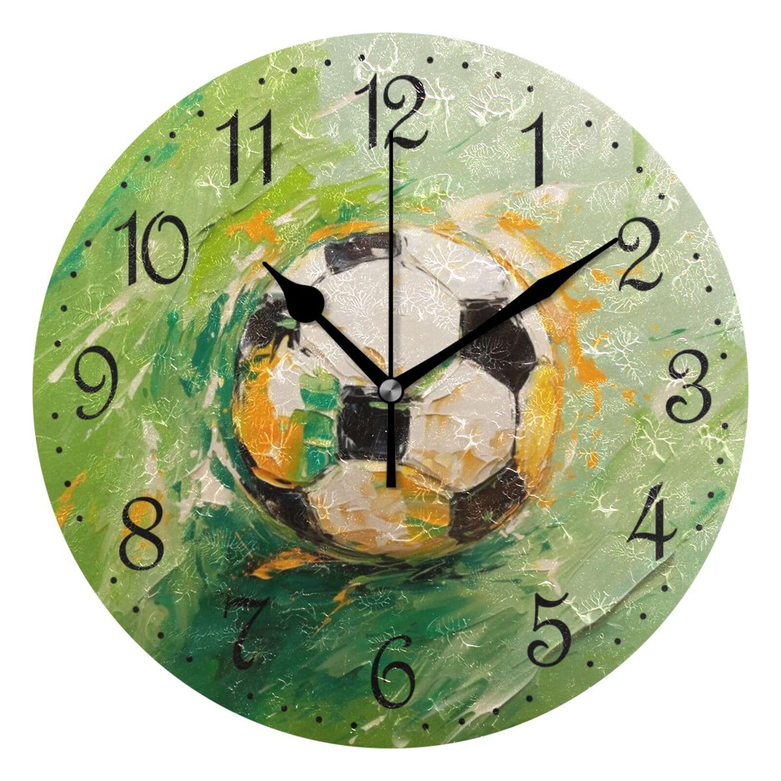 Mnsruu Wall Clock Painting Soccer Green, Silent Non-Ticking Decorative Wall Clocks Battery Operated 25x25cm