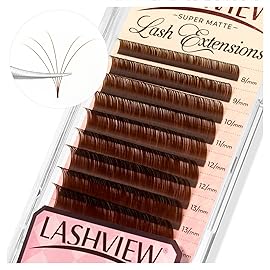 LASHVIEW Coffee Brown Volume Lash Extensions 0.03-0.20 J/B/L/C/CC/D Curl 8-16mm Mixed & Single Length Tray, Soft Matte Dark Professional Eyelashes Extension(0.07 D 8-16mm)