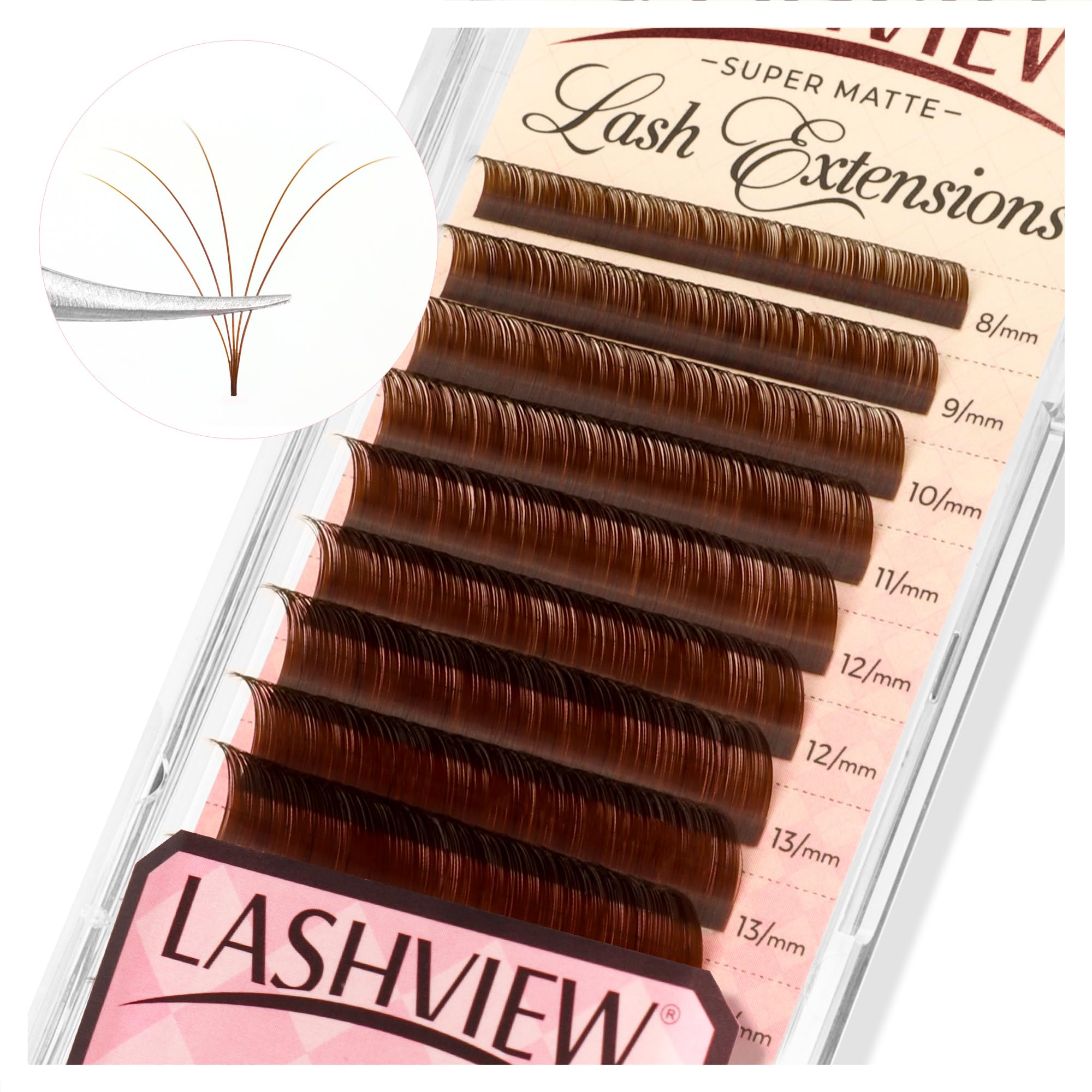 LASHVIEWCoffee Brown Volume Lash Extensions 0.03-0.20 J/B/L/C/CC/D Curl 8-16mm Mixed & Single Length Tray, Soft Matte Dark Professional Eyelashes Extension(0.07 D 8-16mm)