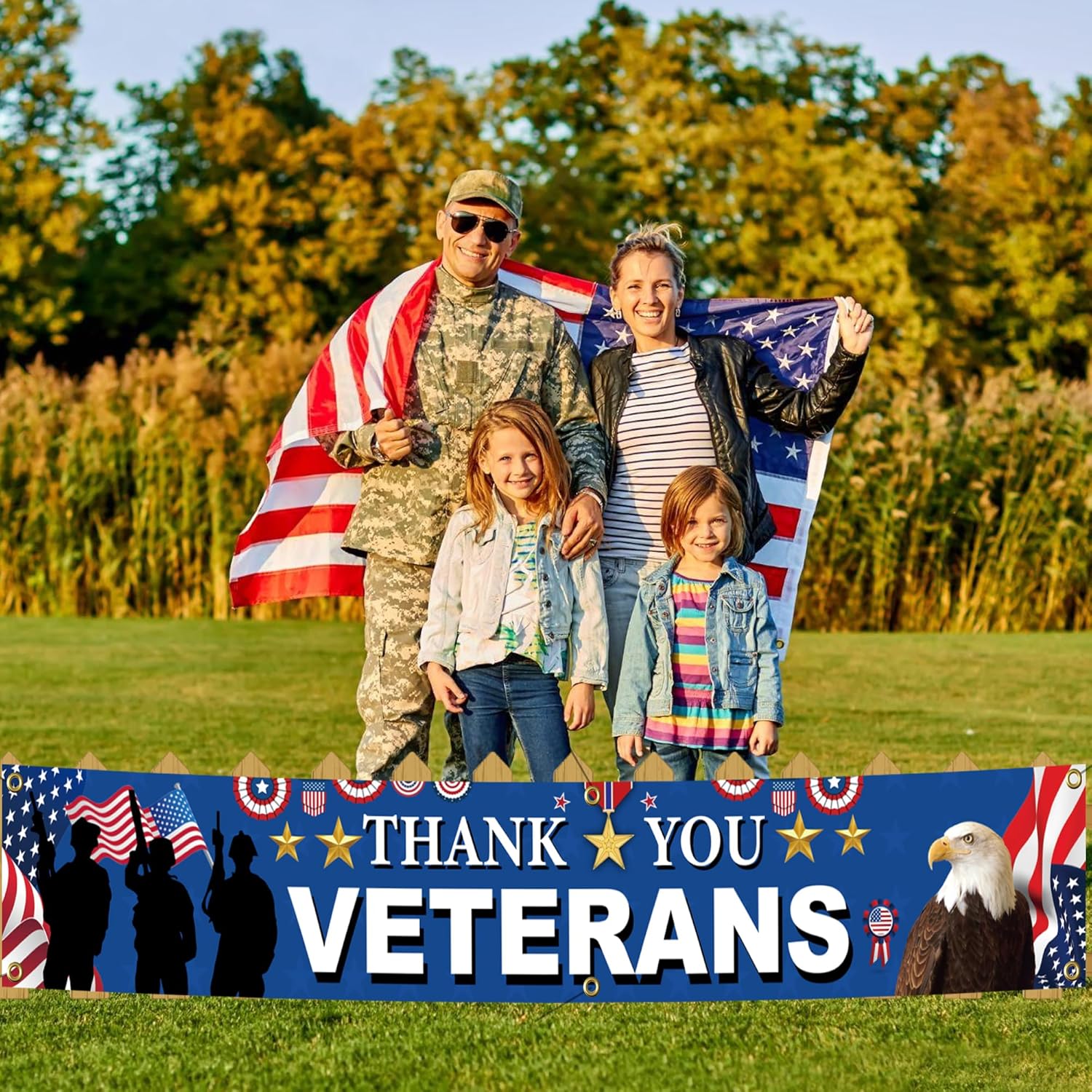 Veterans Day Decoration Banner 120 x 20 inch America Independence Day Decorations Veterans Day Backdrop Banner Deck Terrace Porch Balcony Backyard Lawn Garden Decoration Independence Day - Image 4