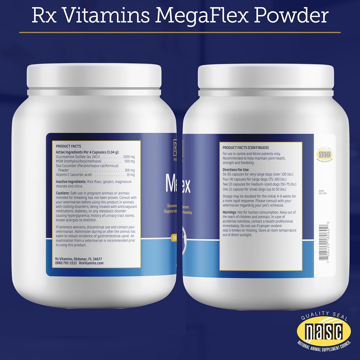 Rx Vitamins MegaFlex Cat and Dog Joint Supplement - Glucosamine Sulfate with MSM, Vitamin C, & Sea Cucumber - Supports Joint Flexibility and Mobility - for All Breeds and Sizes - 600 Capsules