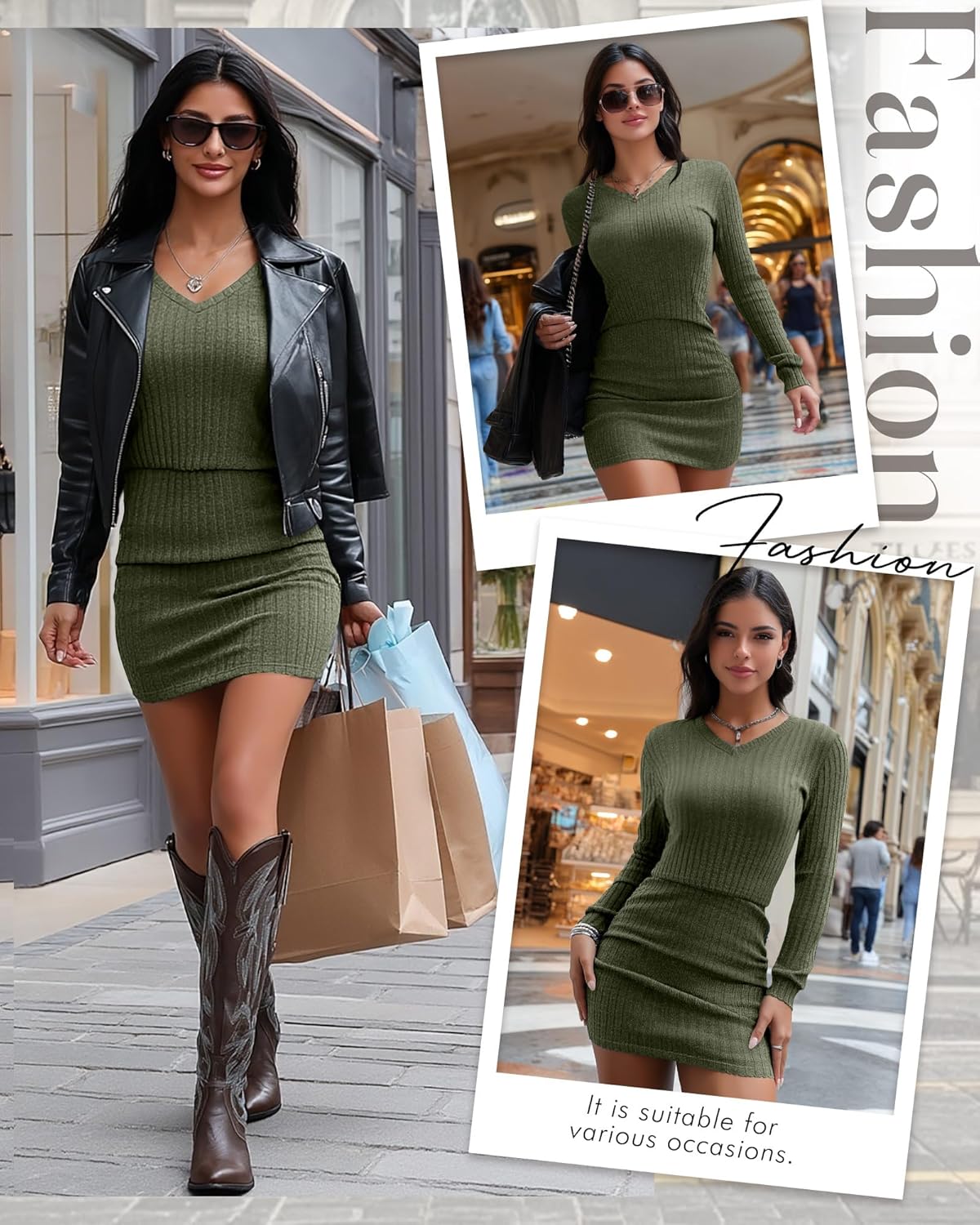 Women's Pullover Sweater Dress Long Lantern Sleeve Ribbed Knit V Neck Ruched Bodycon Mini Dress 2025 Fashion(Army Green,Small) - Image 5