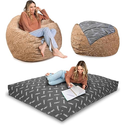 CordaRoy's Faux Fur Bean Bag-Convertible Bean Bag Chair -Machine-Washable Faux Fur Fabric Cover for Basement, Living Room, Game Room, Dorm & More - Full Size - Tan | Made in The USA