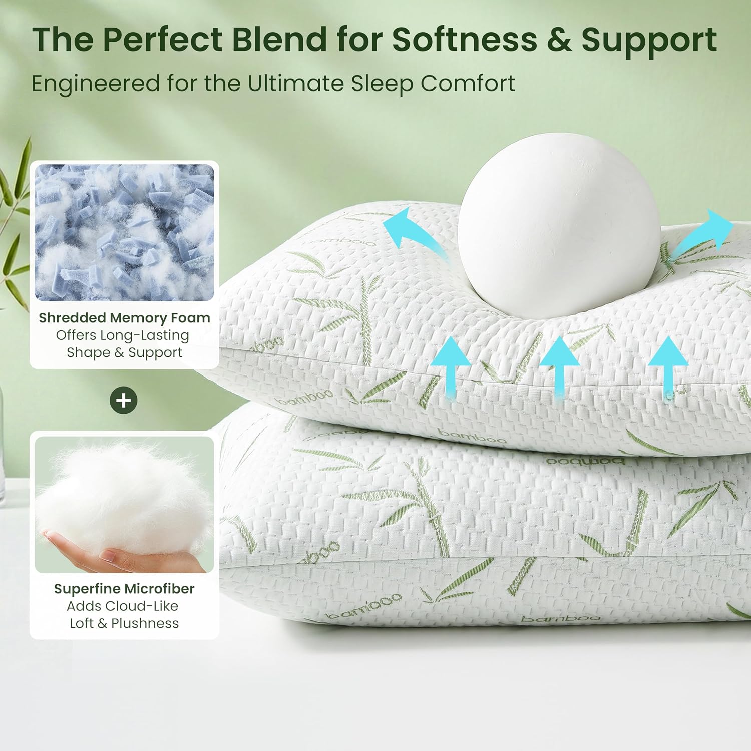 Love's cabin Shredded Memory Foam Pillows Standard Size Set of 2, Adjustable Firm Cooling Bed Pillows with Rayon Derived from Bamboo Cover, Support for Side Back Stomach Sleepers