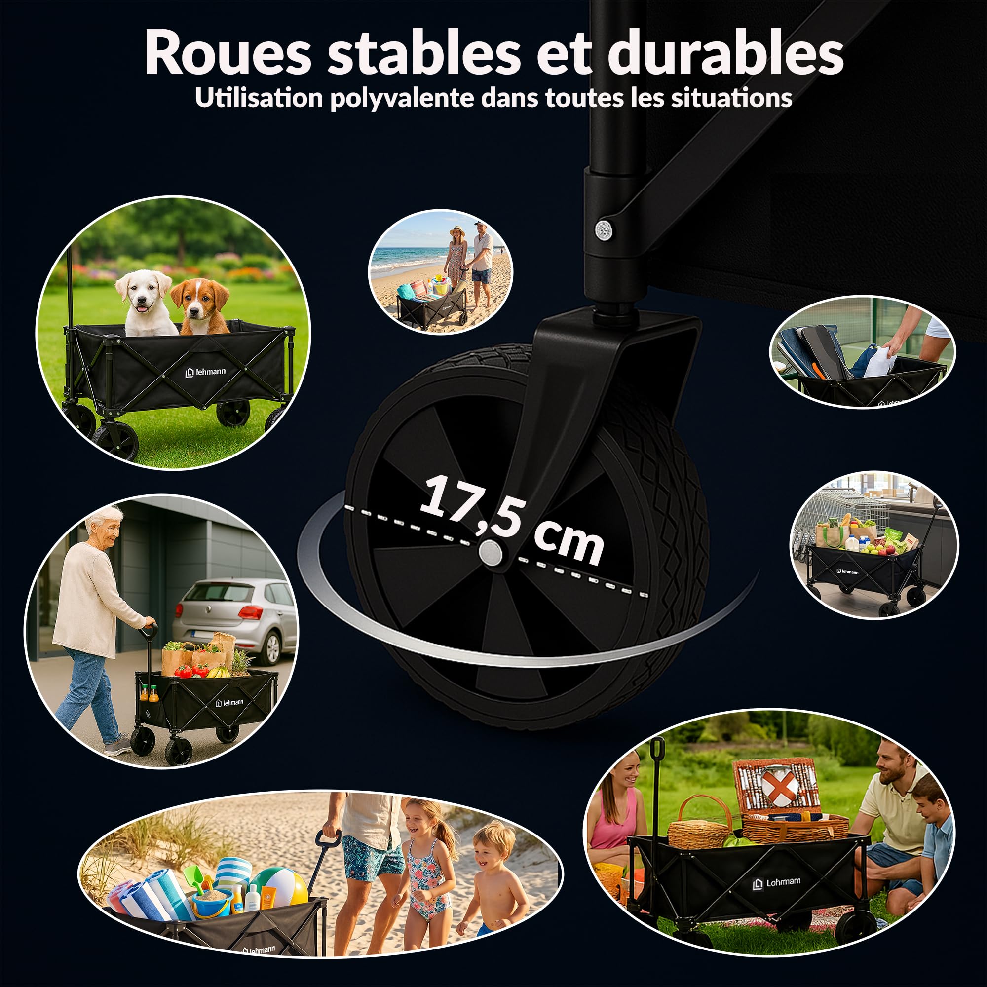 Lehmann MOBI 110L Chariot Pliable – Chariot de Transport Pliable Jusqu’à 80 kg, Chariot à roulettes 4 Roues 360°, Chariot de Plage Pliable, Chariot de Courses Pliable