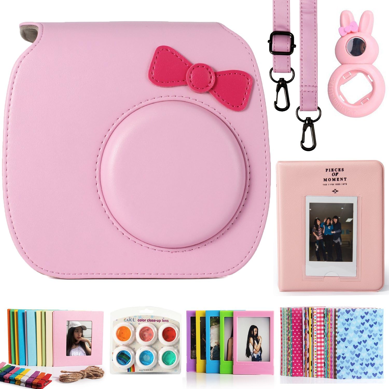 CAIUL Compatible Mini 7s Case Bundle with Album, Filters & Accessories for Fujifilm Instax Mini 7s and Polaroid PIC-300 Camera (Pink, 7 Items)