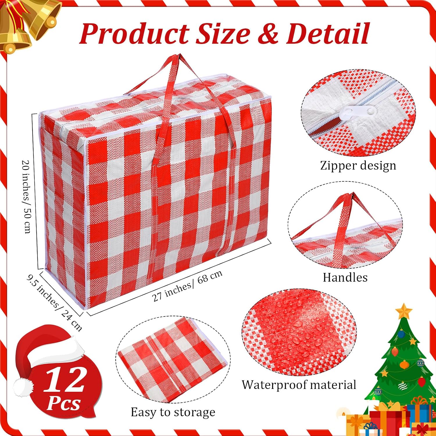 12 Pcs Christmas Storage Bags 27x20 Heavy Duty Containers,Red | Extra Large Buffalo Plaid, Zippered with Handles, For Ornaments Tree Wreath Garland Lights Seasonal Home Organizing