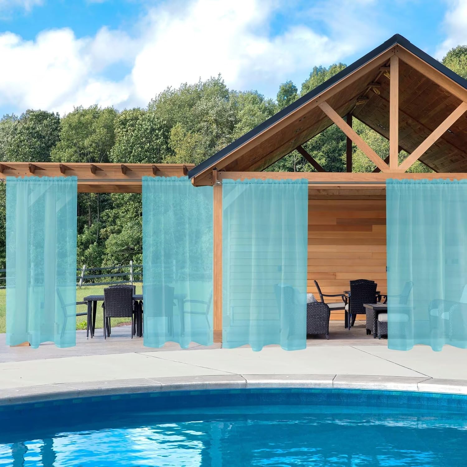 SpaceDresser Outdoor Sheer Curtains for Patio, 6 Panels Waterproof Rod Pocket Indoor Curtain for Living Room, Porch, Pergola, Cabana, Gazebo, 52 x 96 Inch Aqua