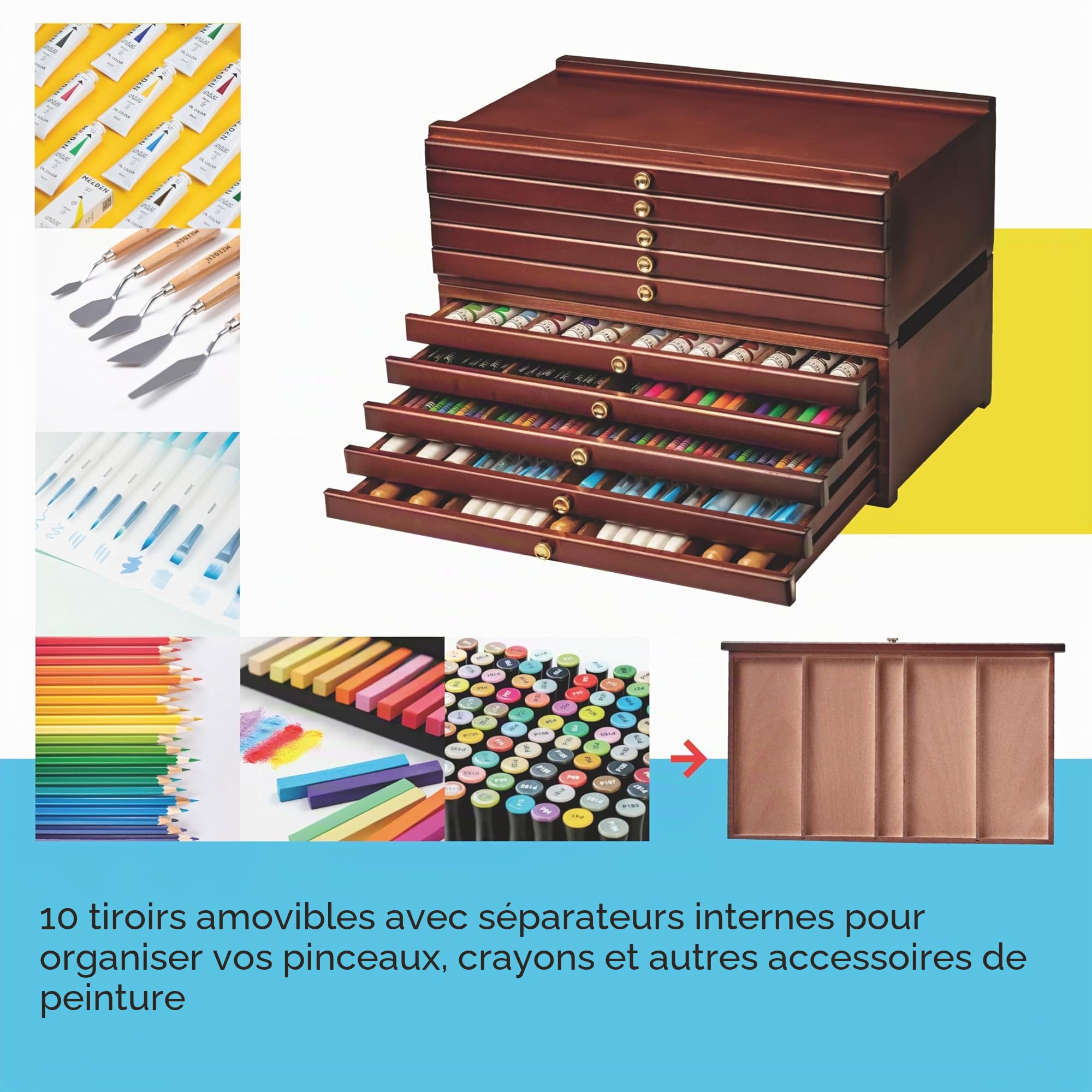 MEEDEN Boîte de rangement à 10 tiroirs en bois de hêtre multifonction avec tiroir et compartiments pour pastels, crayons, stylos, pinceaux de maquillage (couleur acajou)